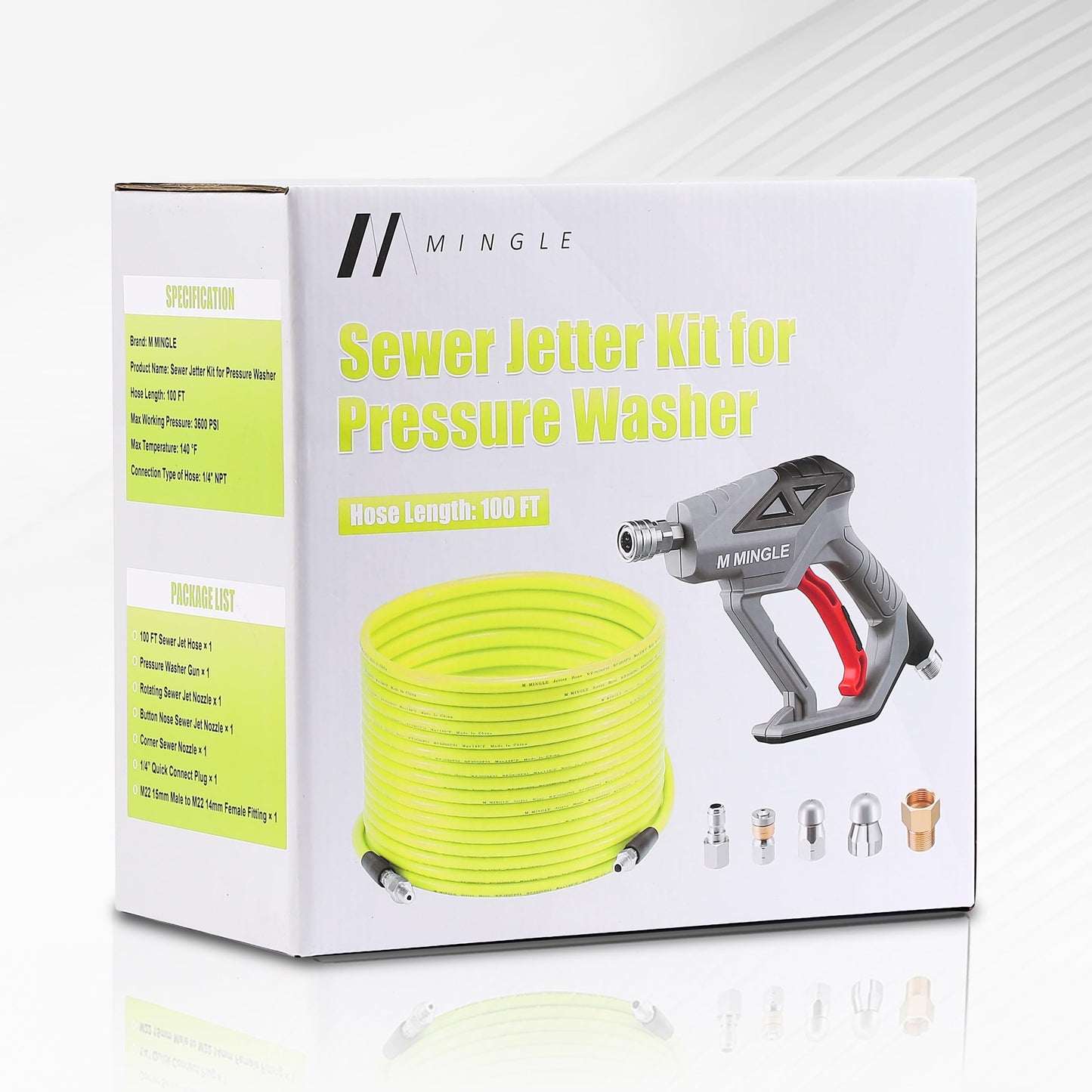 M MINGLE Sewer Jetter Kit for Pressure Washer 100 FT, Drain Cleaner Hose with Power Washer Gun, 1/4 Inch NPT Corner Rotating and Button Nose Sewer Jetting Nozzle, Orifice 4.0, 4.5