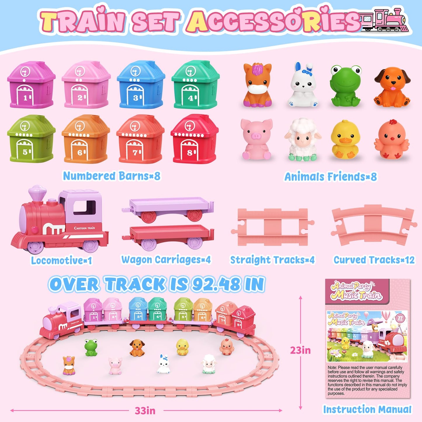 Cmiolacuna Train Set for Girls 2-4, Electric Toy Train with Farm Animals & Music & Lights, Montessori Counting & Sorting Learning Toys for Toddler Girls 1 2 3 Year Old, Christmas Easter Birthday Gift