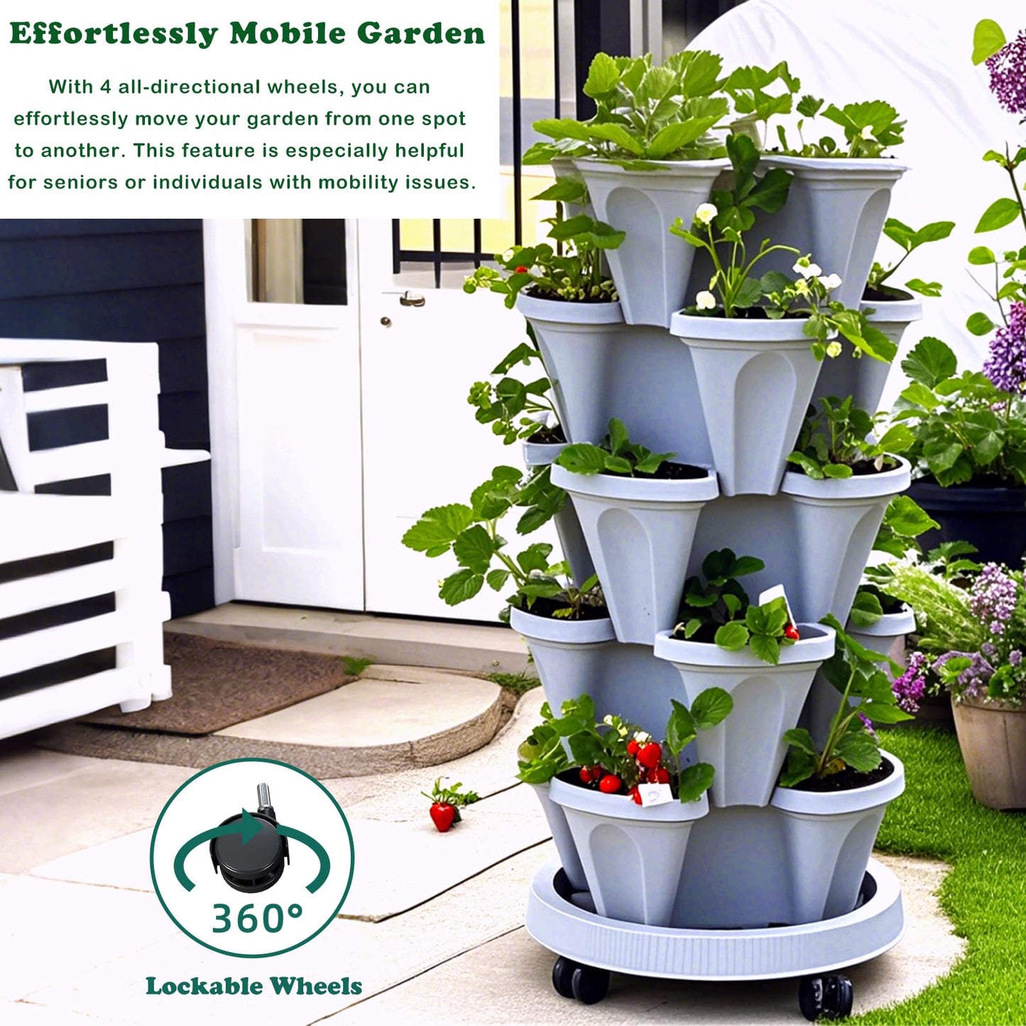 Lykvrii Strawberry Planters, 7 Tiered Vertical Stackable Planter, Herb Stacking Tower Garden, Flower and Vegetable Planters with Support Pole Indoor & Outdoor with Removable Wheels - Dark Grey