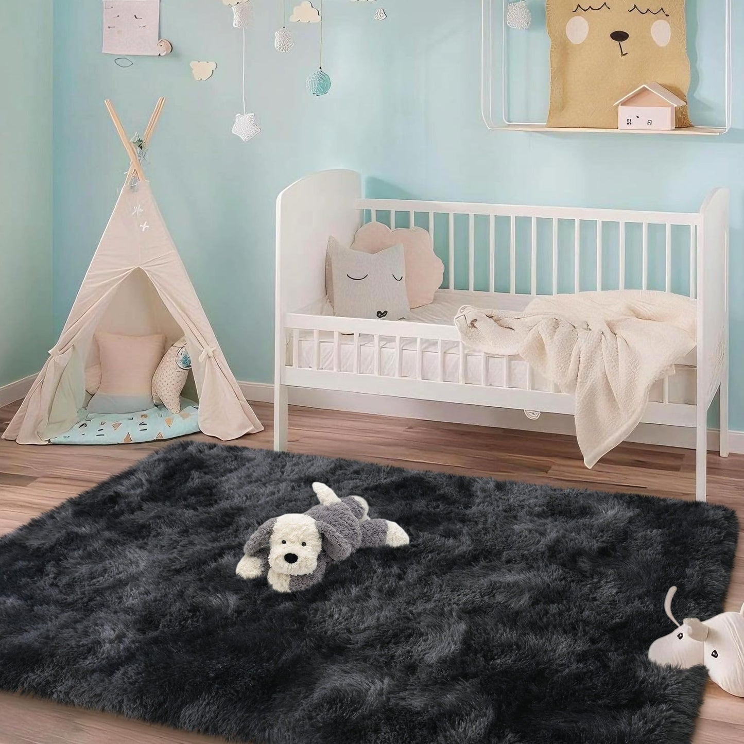 Mugorn 3x5 Rugs for Bedroom, Fluffy Area Rugs for Living Room, Soft Shag Kids Rug Small Carpet with 4 Non-Slip Rug Pads (Black Grey Tie-Dyed, 3ft x 5ft)