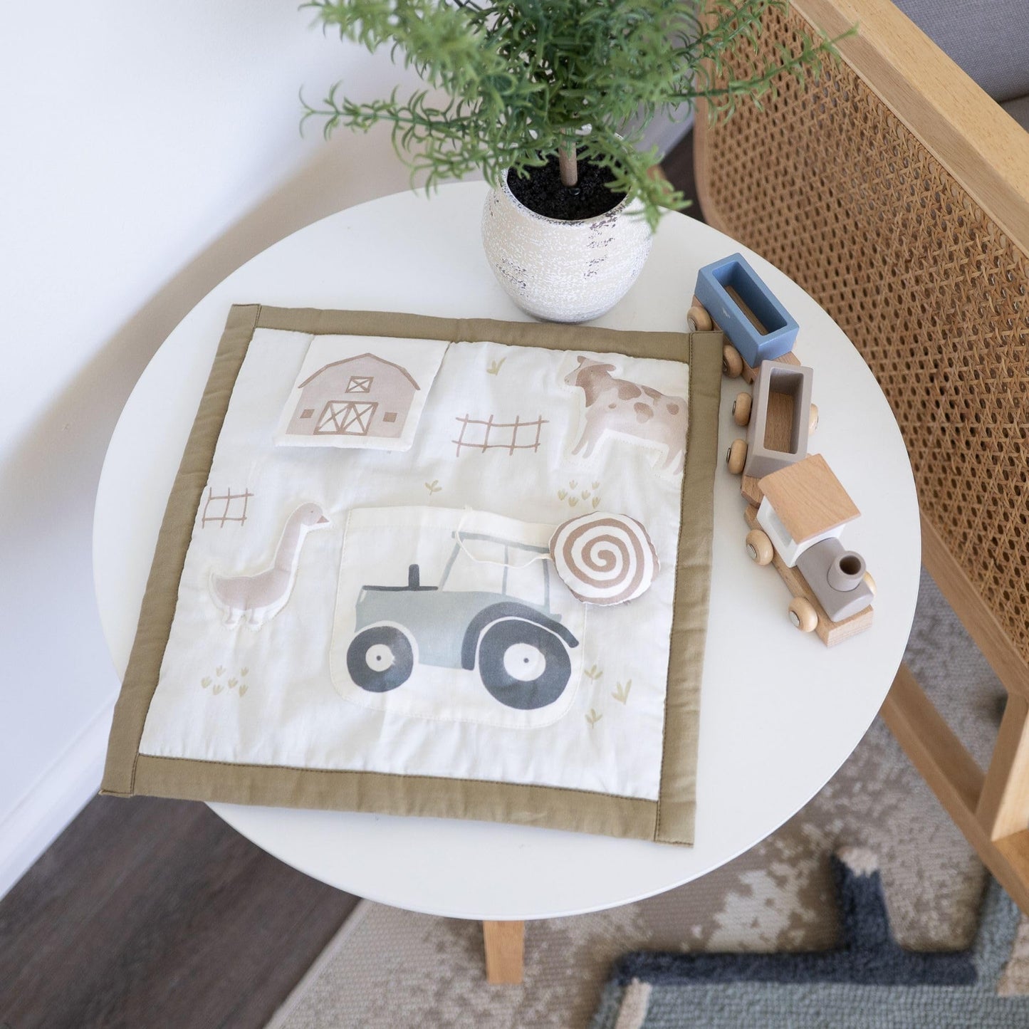 Crane Baby Charlie Farmhouse Activity Travel Mat for Baby, Portable Baby Play Mat, 12" x 12", Barnyard Nursery Decor, Tractors & Barn Animals, Foldable Floor Playmat for Tummy Time, Crawling & Travel