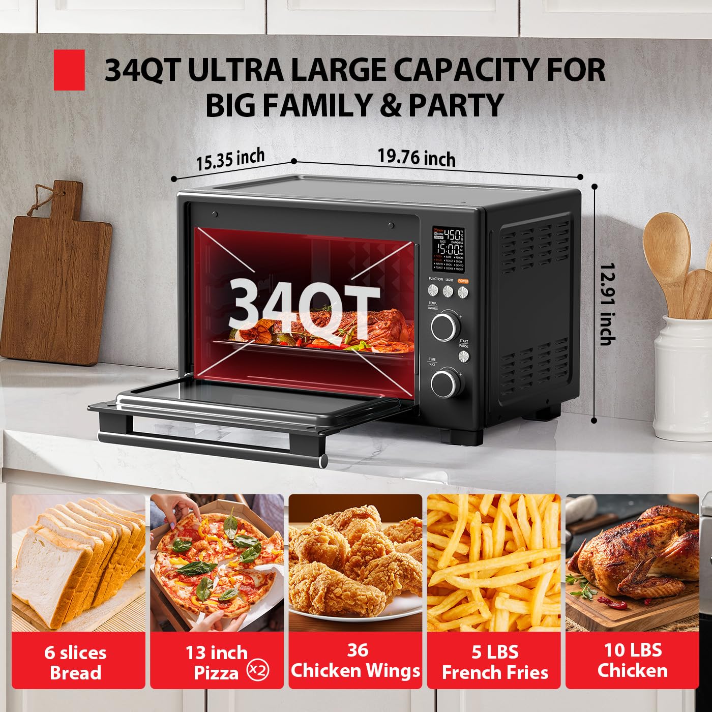 TOSHIBA ChefFry Air Fryer Toaster Oven Combo, 12-in-1 Convection Countertop Oven, 34QT / 32L Large Capacity, 1750W, Master Pizza Modes Design with Exclusive Dual-Temp Tech