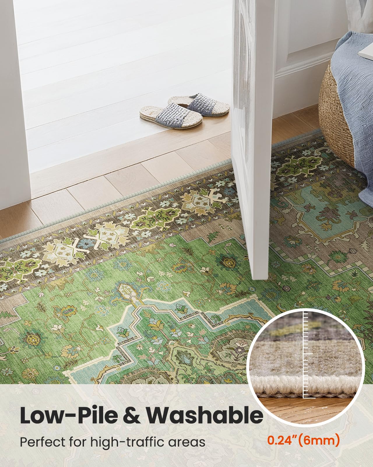 AMADA HOMEFURNISHING 6x9 Area Rug for Living Room, Vintage Washable Area Rug Low-Pile & Non-Slip Carpet for Bedroom Dining Room Nursery Home Office, Green