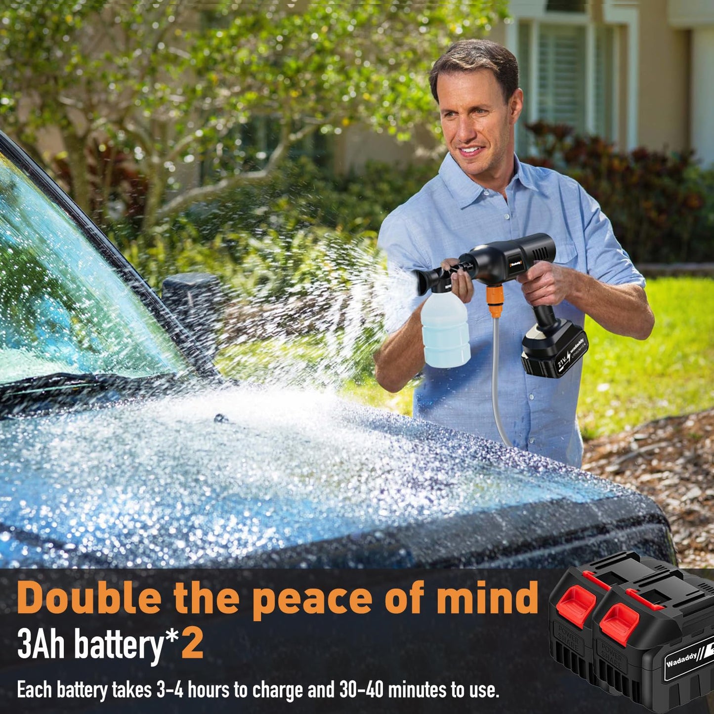 Wadaddy Portable Pressure Washer, 900PSI Cordless Power Washer, Portable Power Washer with 2 Batteries, 6-in-1 Nozzle, Handheld Pressure Washer for Car/Floor/Garden