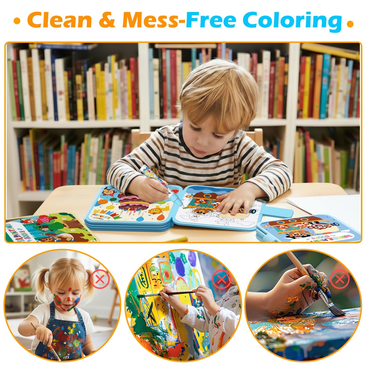 BATHKITS Reusable Water Painting Book for Kids - 3 Pack Magic Water Coloring Books with Water Pens, Fairy Tale, Animal & Space Themes | No Mess Paint, Travel Activity Toy, Gift Box, 30 Pages, Ages 3+