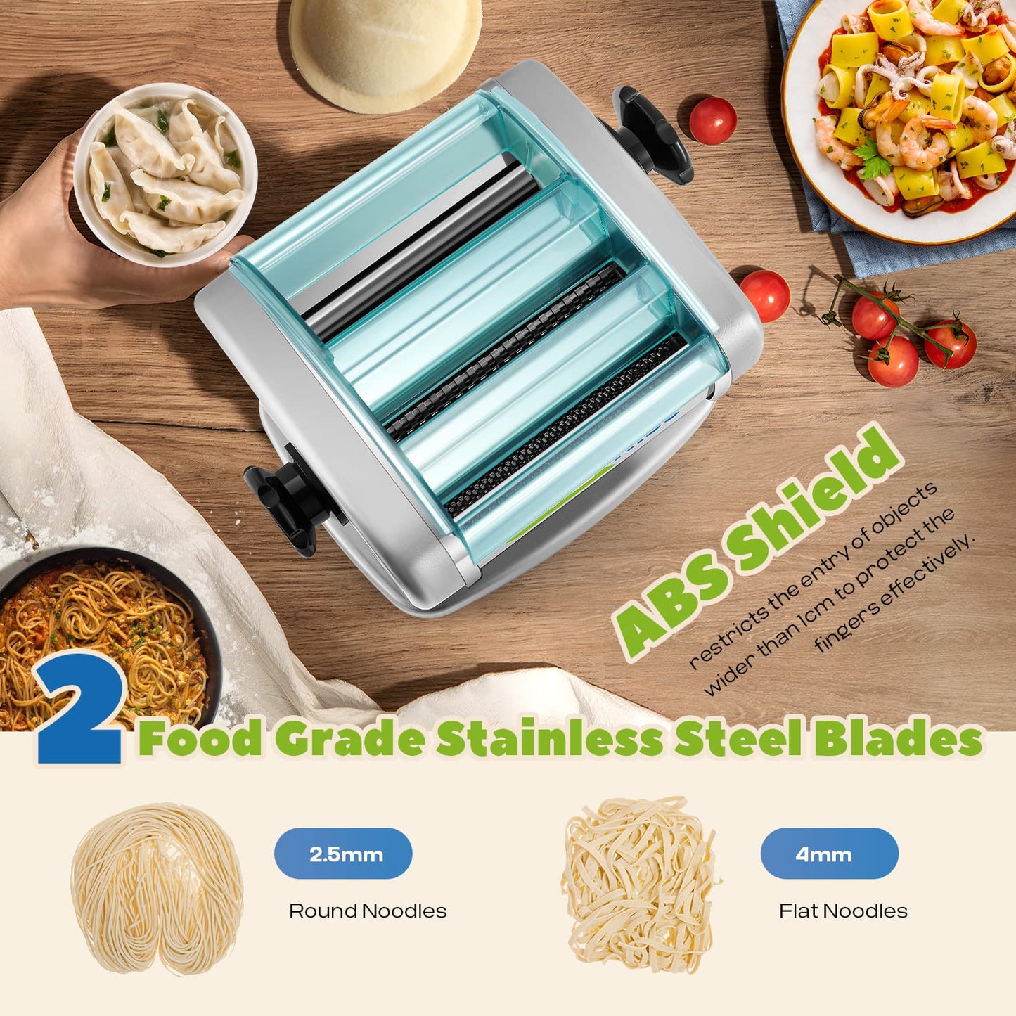 Luzrise Electric Pasta Maker Automatic Noodle Machine Fresh Pasta Dough Roller Stainless Steel(2 Blades for 2.5mm Round&4mm Flat Noodle,9 Thickness Settings 0.5mm-5mm,Family Use, Output 10LBS/H,135W)