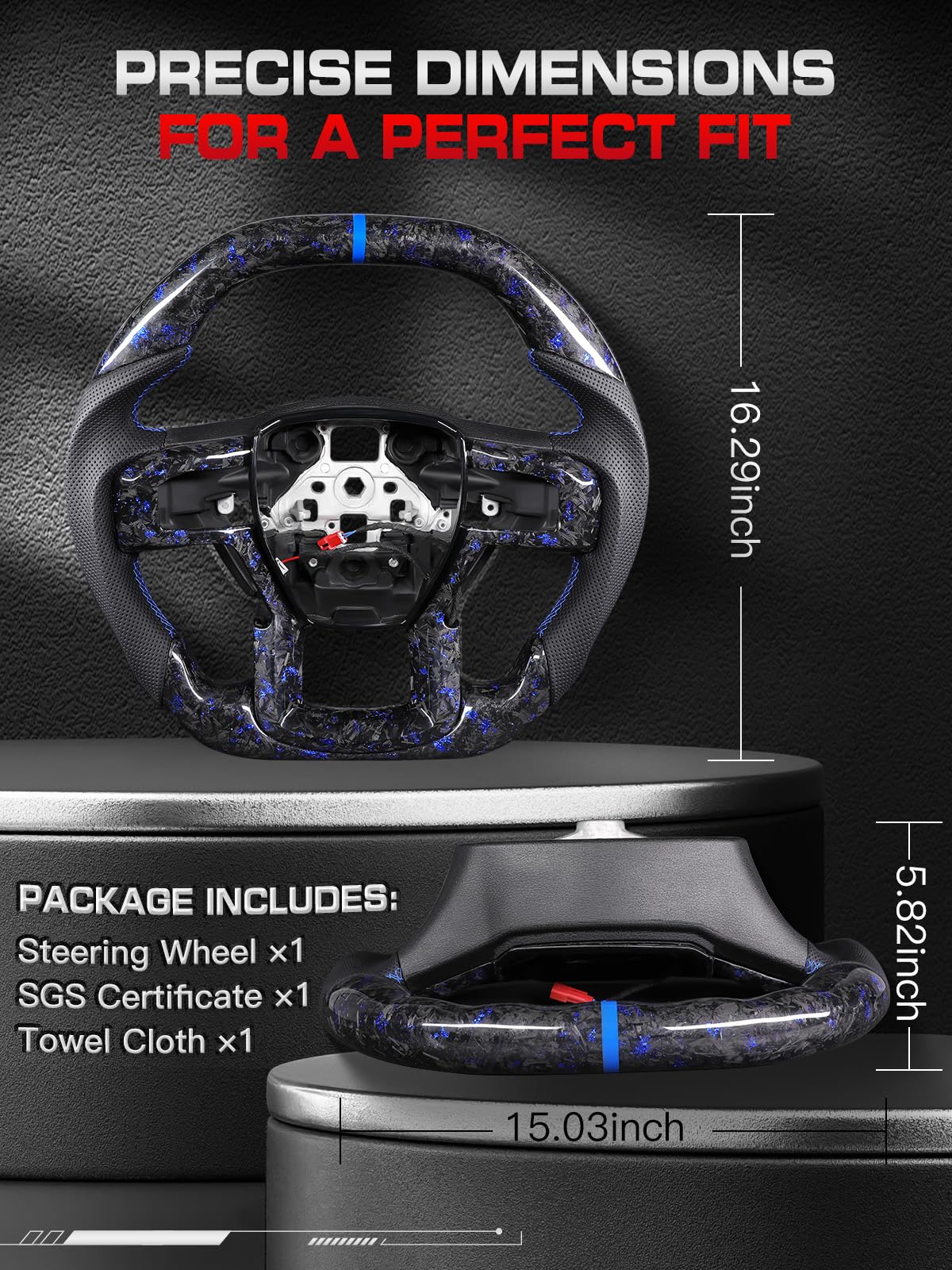 TESFEEL Heated Forged Carbon Fiber Steering Wheel for Ford F150 Raptor 2017-2020 (Gen 2), Double D-Shape Design, Blue Foil Accents with Matching Trim, Blue Stripe&Stitching, Fits Paddle Shifter Models