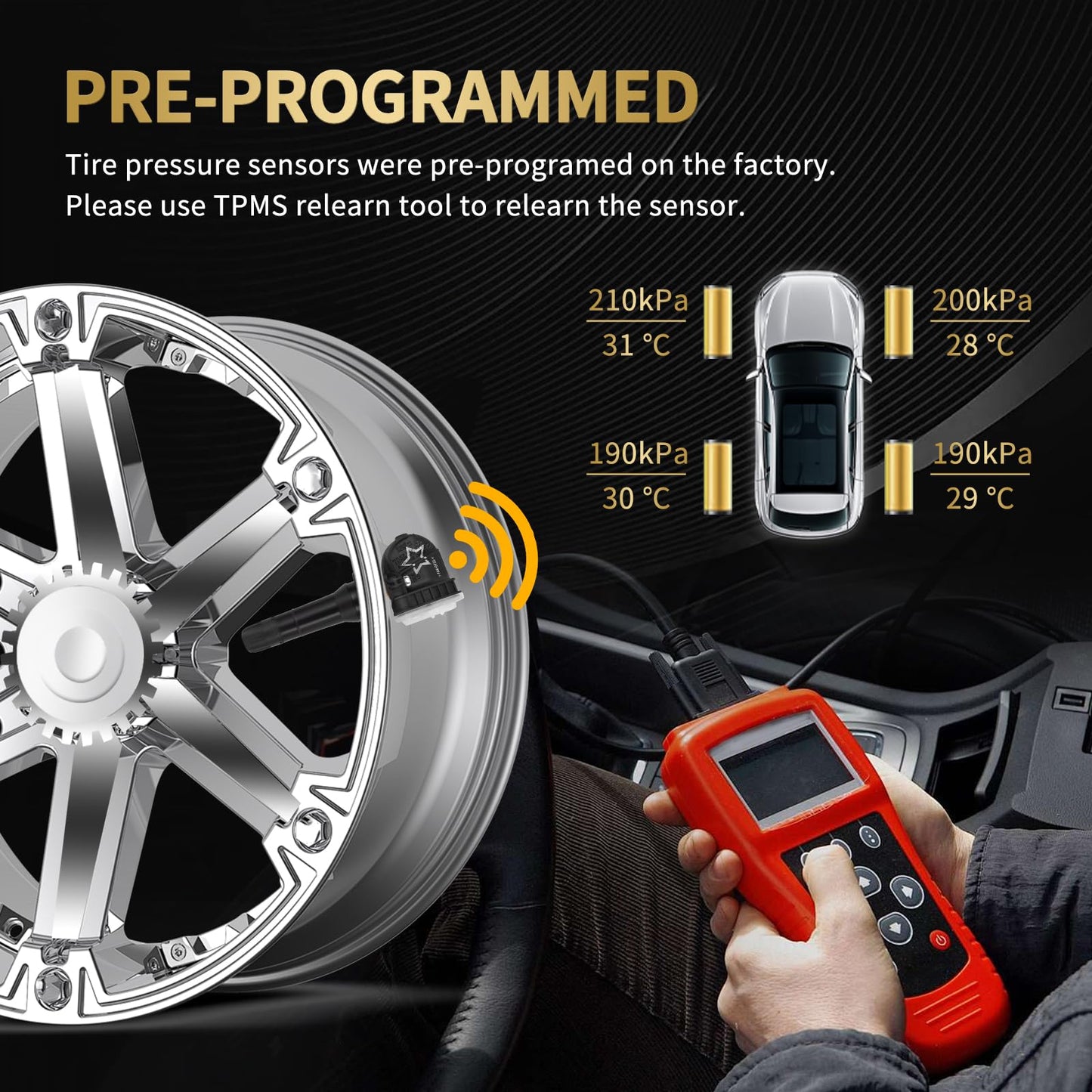 AXINMOTOO TPMS Sensor, 4PCS 433MHz Tire Pressure Monitoring Sensor Replacement for Buick Regal Lacrosse, for Cadillac XT5, for Chevy Camaro Cruze Impala Malibu Traverse, for GMC Acadia 13598773