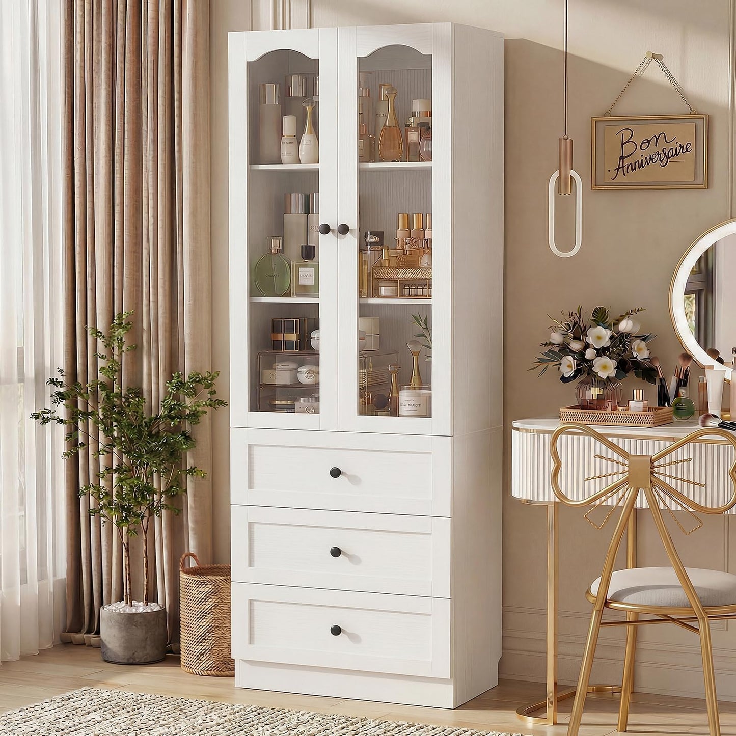 Cyclysio 80" Tall Pantry Cabinet for Kitchen Storage, White Pantry Cabinet with Glass Doors & 3 Drawers - Freestanding Storage Bookcase with Built-in Baseboard Notch for Dining, Living Room