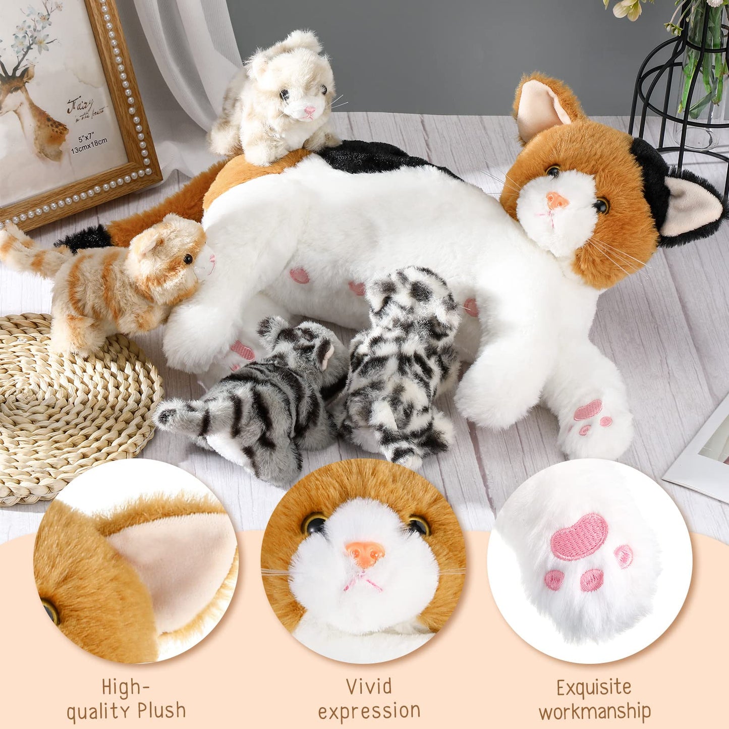 Skylety Nurturing Cat Stuffed Animal with 4 Plush Kittens, Cats Baby Stuffed for Girls Boys Plushy Mommy Kitty with Baby Kittens for Birthday Party Favors Gifts(Lovely Style)