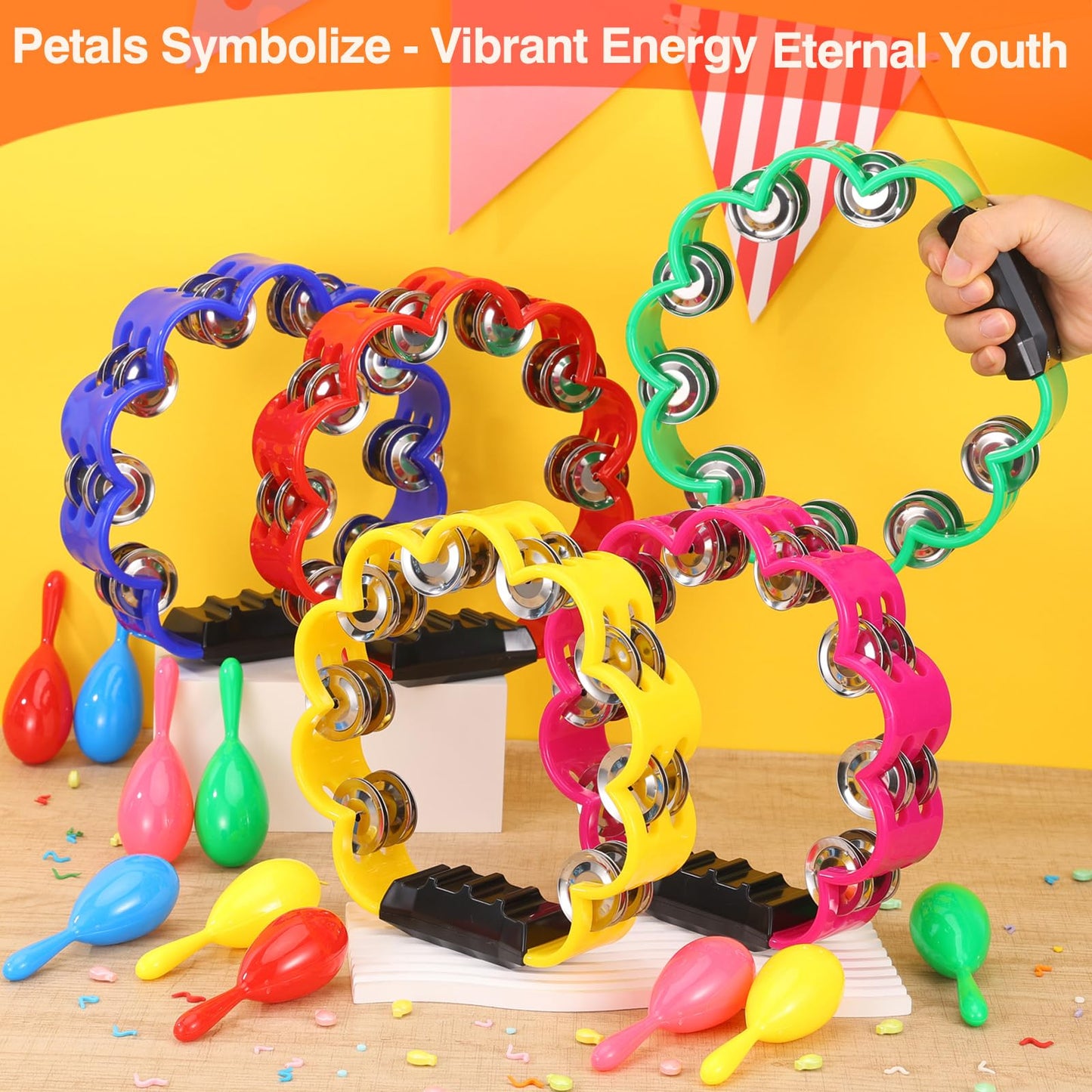 AOKISY 15 Pcs Petal Tambourine Set-with Sand Hammers Jingle All the Way!Double Row Metal Jingles Hand Held Percussion Drum for Bar Party KTV School Family Christian Dance Christmas Charity Project