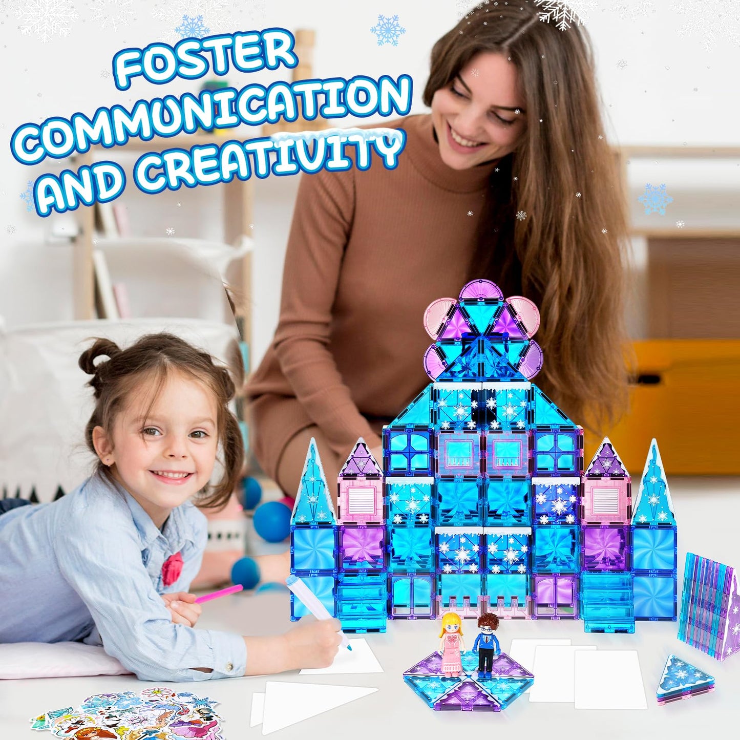 Diamond Magnetic Tiles Set 145PCS with Magnetic Doodle Kit, 3D Blocks Magnet Toys for Girls 3 4-7,8-12, Stem Toys Princess Castle Include 2 Stairs 2 Dolls Decals Stickers,3 4 5 6 7 8+ Girls Xmas Gift