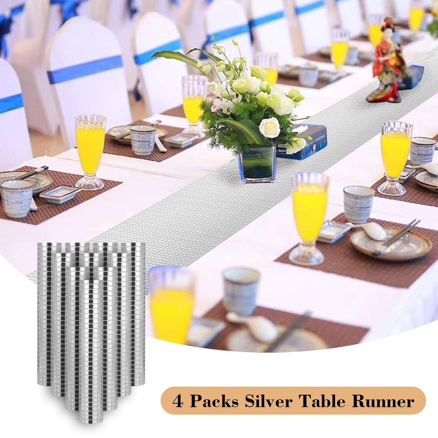 4 Packs Glitter Disco Party Table Runner 12 x 108 Inches Mirror Silver Foil Decor for 70s 80s Disco Party Decorations Birthday Home Table Decorations