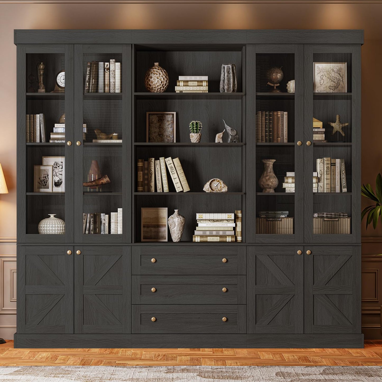 Vyre 71" Tall Farmhouse Kitchen Pantry, Set of 3 Large Storage Cabinets with Glass Doors, Freestanding Wood Hutch Cabinet with 3 Drawers, Adjustable Shelves for Living Room, Dining Room, Black