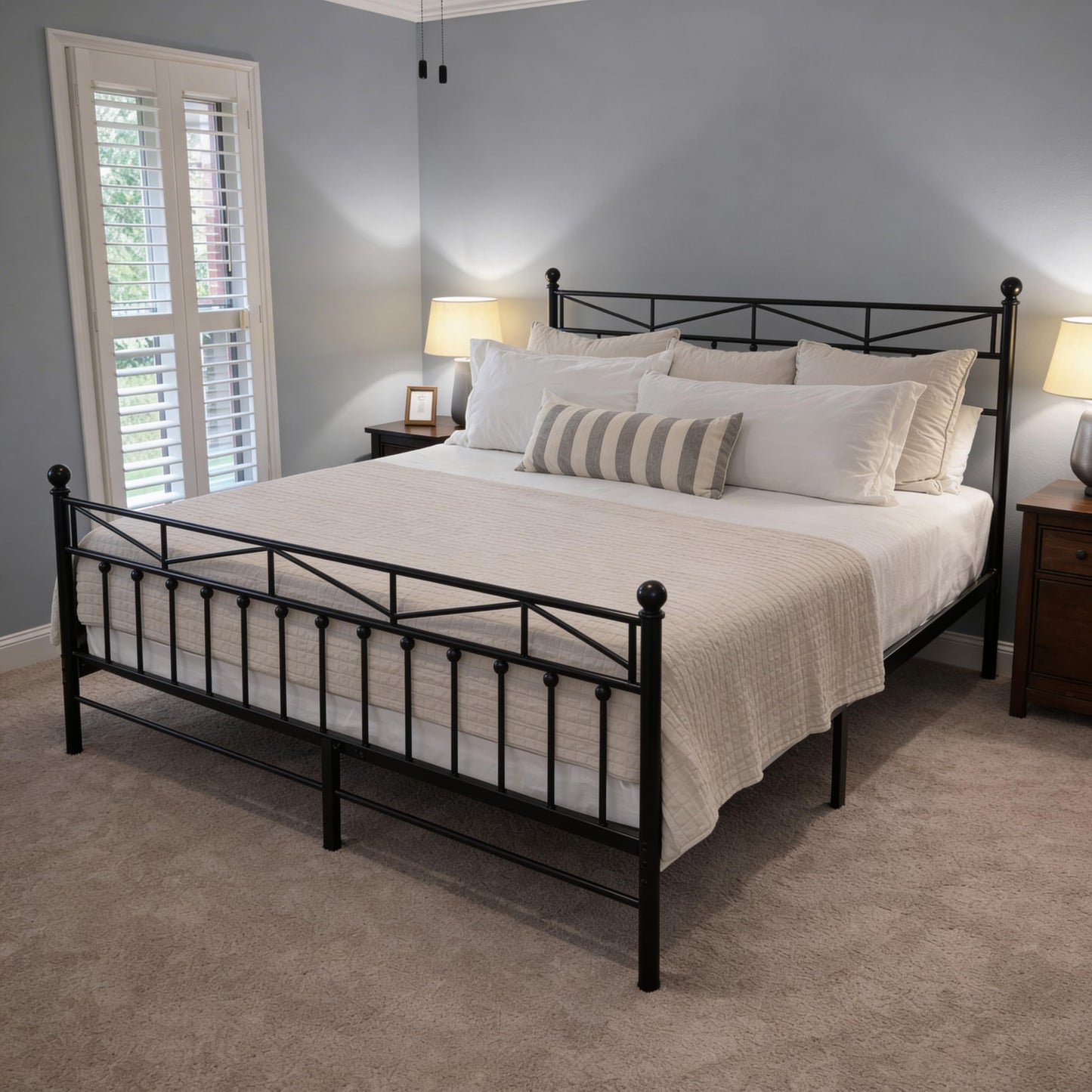 EnHomee 54" Metal King Bed Frame with Tall Headboard & Footboard, LED Light King Bed Frame, Strong Metal Slats Support and Noise-Free Design with Under Bed Storage/No Box Spring Needed/Black