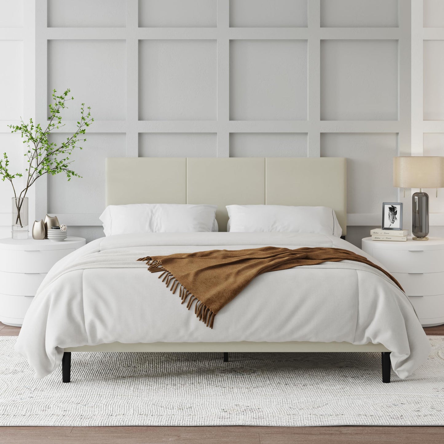 IOILORI Queen Size Bed Frame with Upholstered Headboard, Sturdy Wood Slats, No Box Spring Required, Silent, Easy Assembly, Beige