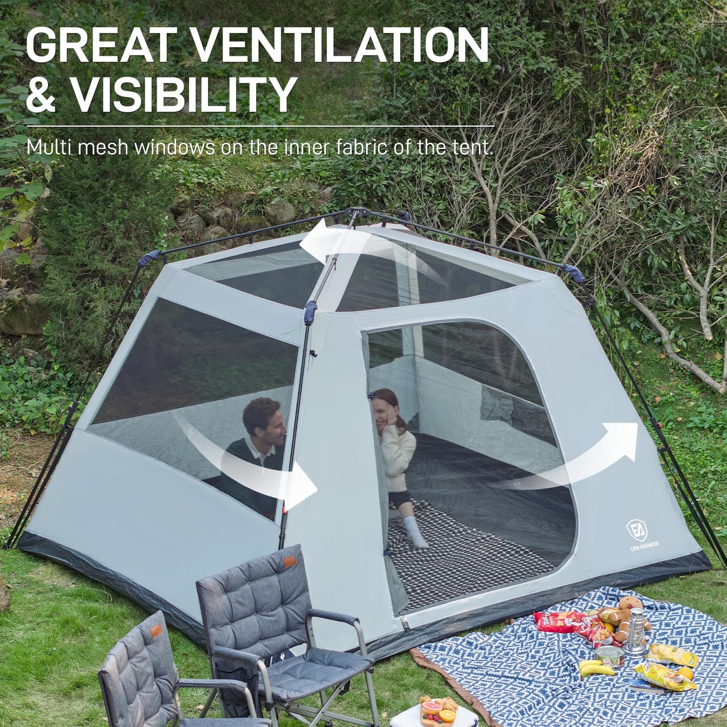 EVER ADVANCED Blackout 6 Person Camping Tent, Instant Cabin Tent for Family with Vestibule and Large Mesh Windows, 60s Easy Setup, Double Layer, Water-Resistant, Grey&Blue