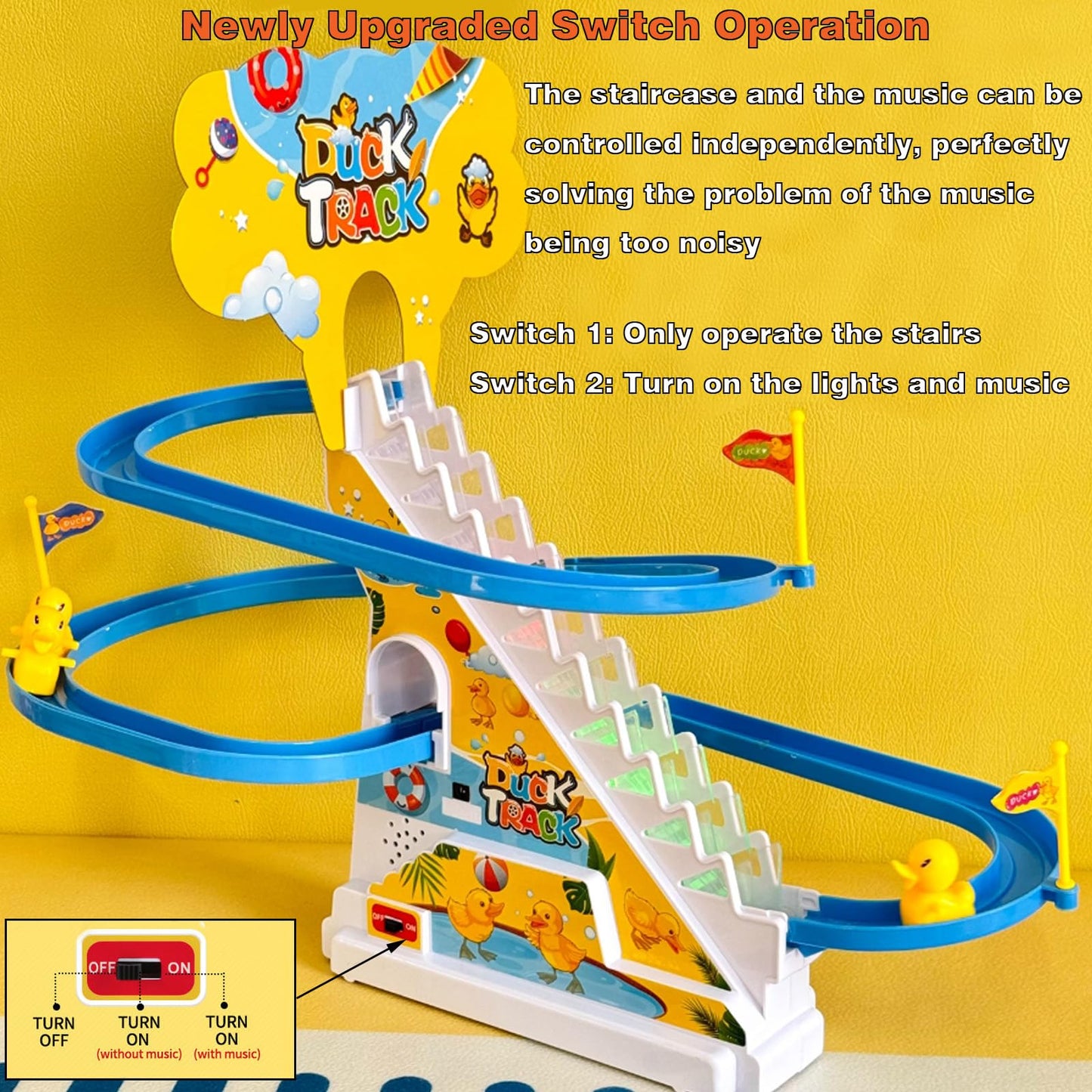 Small Ducks Climbing Toys, Electric Llittle Duck Climbing Stairs Toy, Funny Roller Coaster Track with 3 Ducks LED Lights & Music Button, Small Duck Slide Toys for Children Kids and Baby (C)