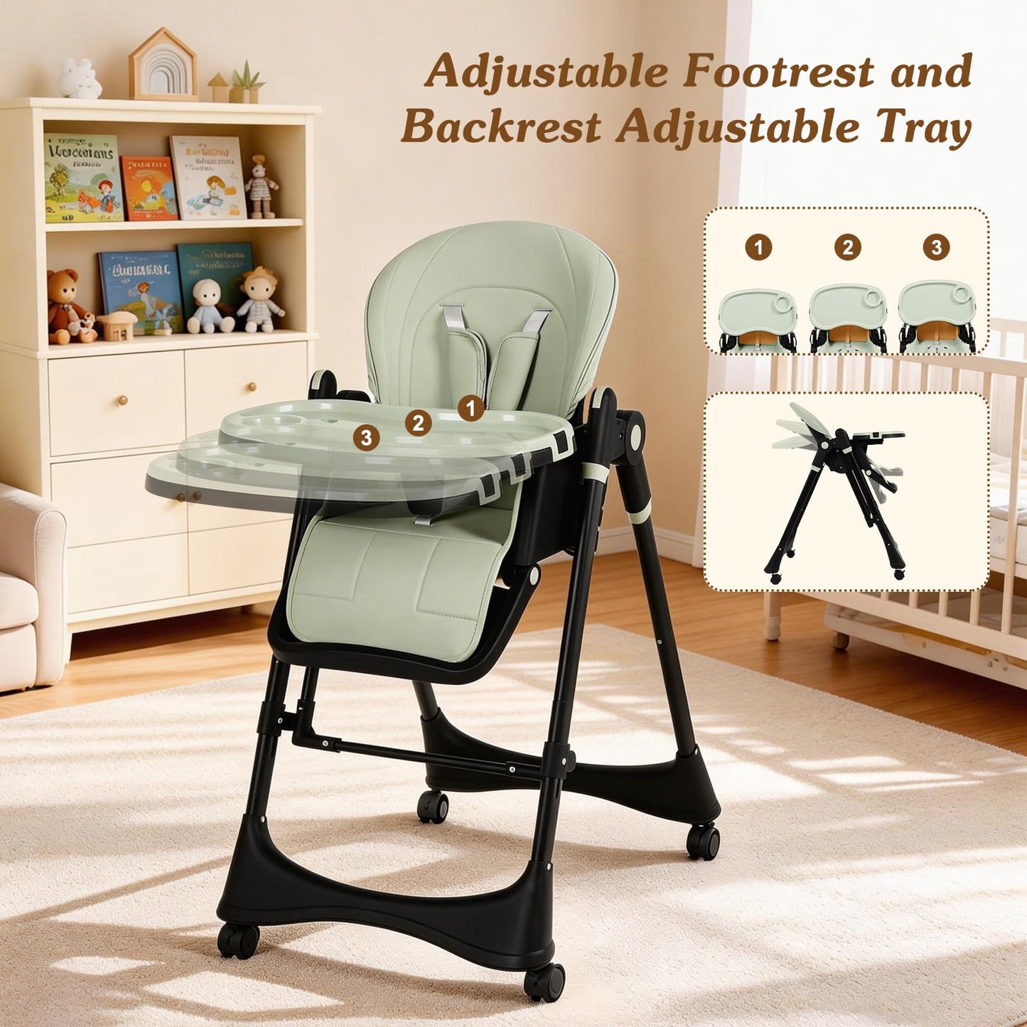 3-in-1 Baby High Chair with Soothing Rocker | Convertible Baby High Chair for Babies and Toddlers | Brake Wheels, Easy Clean, Space Saving | Adjustable, Removable Tray (Black Green)