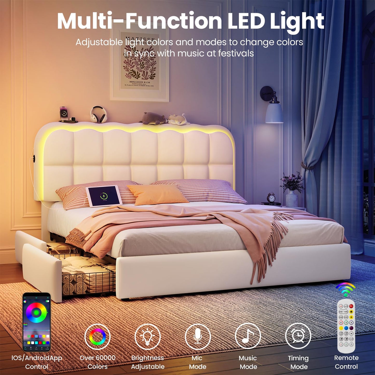 CypBed Queen Size Bed Frame with 4 Storage Drawers & LED Lights, Velvet Upholstered Platform Bed Frame with Charing Station and Adjustable Headboard, Wood Slats Support, No Box Spring Needed, White