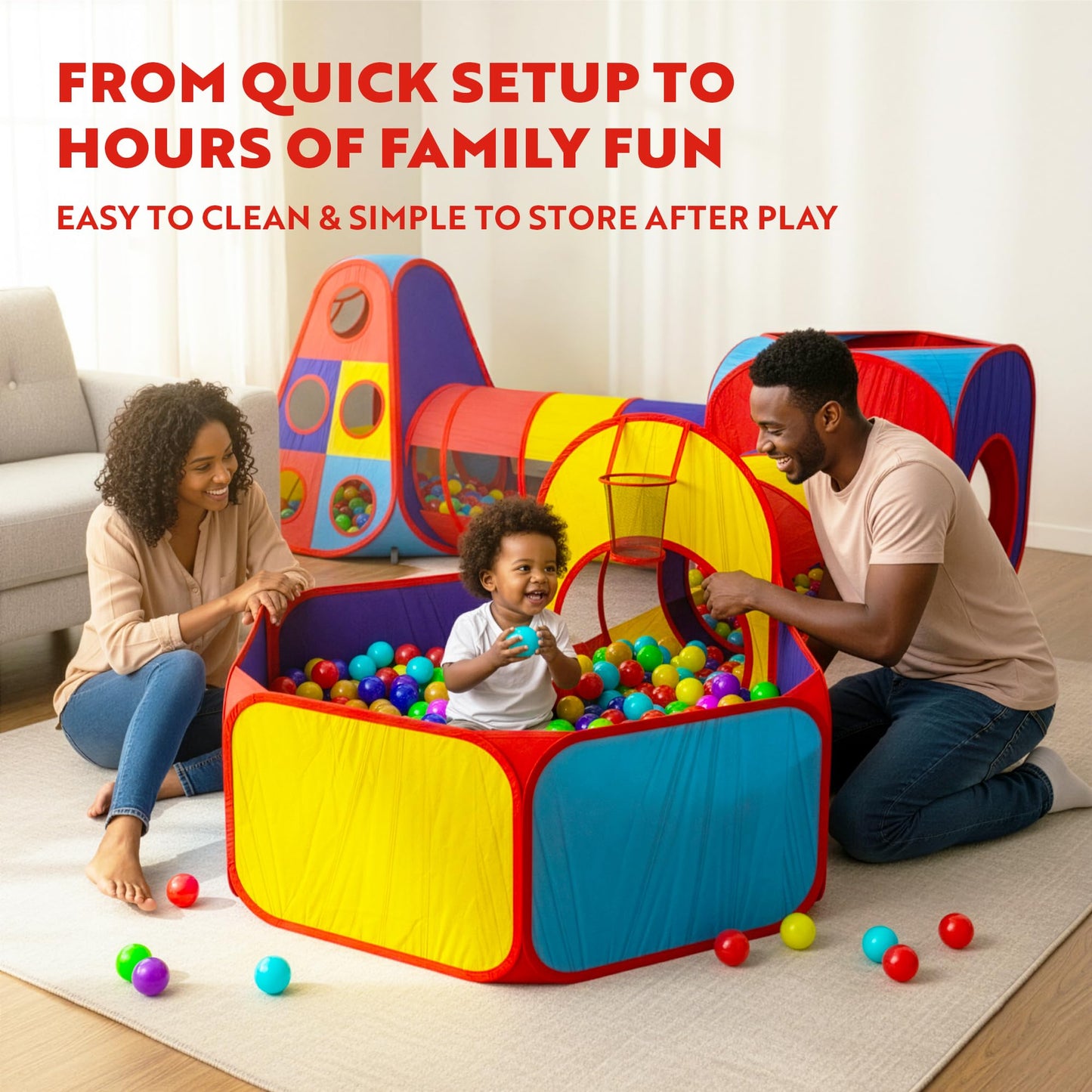 Playz 5pc Kids' Play Tents & Tunnels - Ball Pit for Toddlers, Basketball Hoop, Crawling Tubes, Pop-Up Playhouses, Baby Obstacle Course for Indoor or Outdoor Use