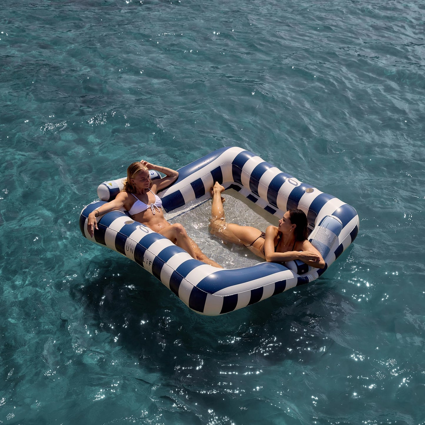 SUNNYLiFE Pool Floats Adult 2 Person Lounger - River Floats for Adults with Cup Holders, Pool Hammock Float for Swimming, Large Floaties for Pool Floating | Le Weekend Navy Stripe
