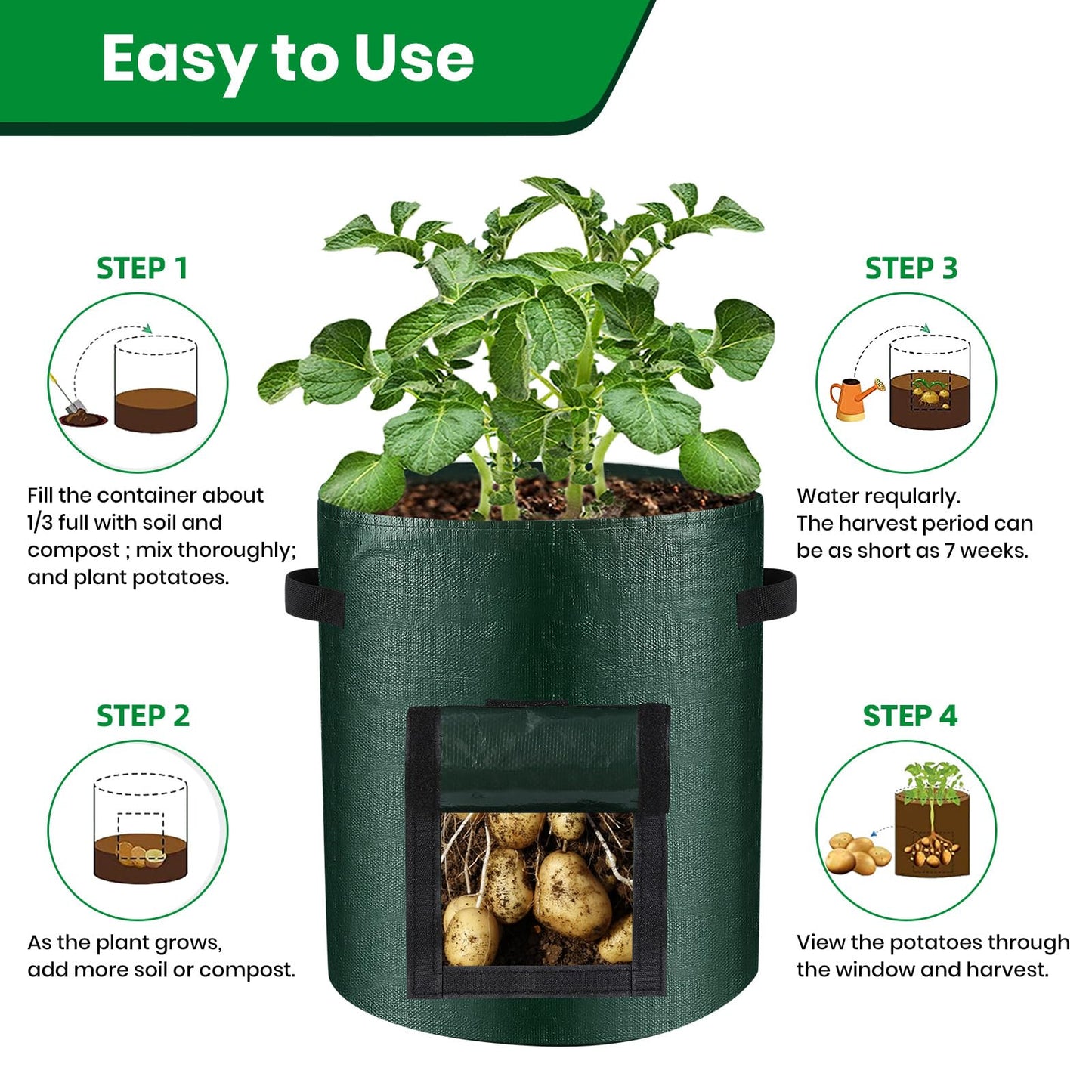 BIJOKETTEN 10 Gallon 3-Pack Potato Grow Bags, Heavy Duty PE Fabric Pots with Flap and Handles, Green Planter Bags for Potato Vegetables Outdoor Garden, 17.7''x13.8'' Large for All Plants Growing