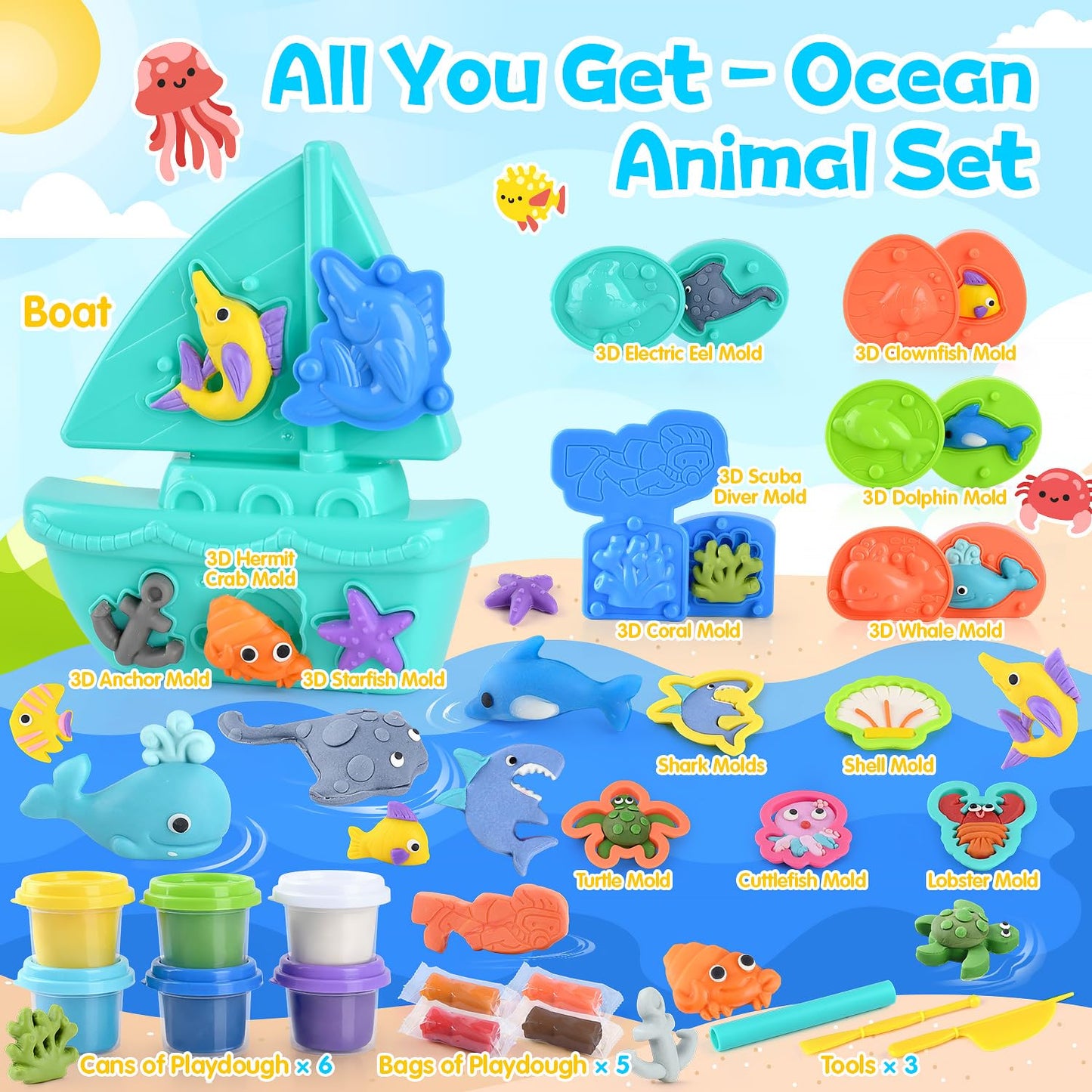 PLAY Ocean Color Dough Kit with Sea Animals Molds, Under the Sea Toys Set for Sensory Play - Boat Whale Shark Crab Fish Cutters, Educational Arts and Crafts Gift for Kids 3 4 5 6 Year Old Boys & Girls
