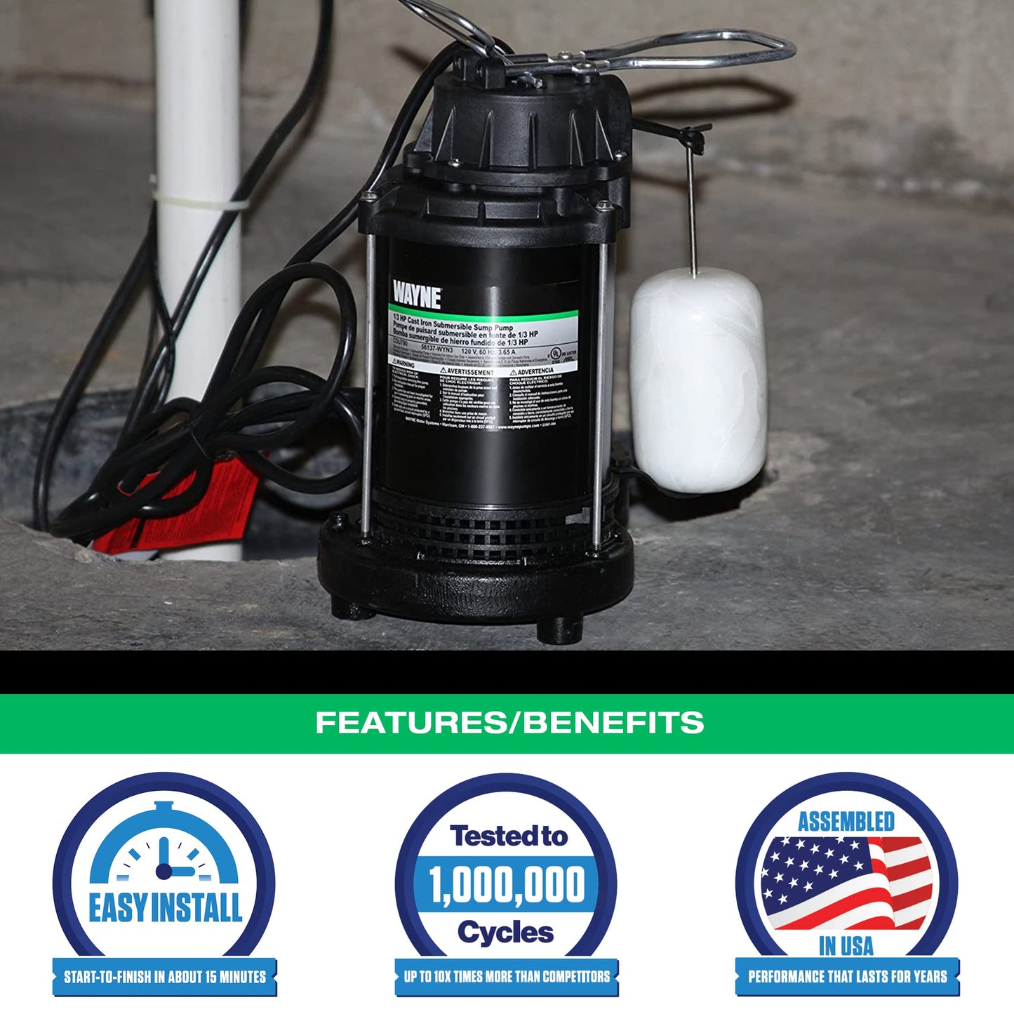 WAYNE CDU790-1/3 HP Submersible Cast Iron and Stainless Steel Sump Pump with Integrated Vertical Float Switch - Up to 4,600 Gallons Per Hour - Heavy Duty Basement Sump Pump, Black