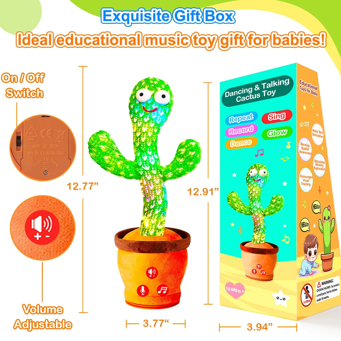 Baby Toys Interactive, Dancing Talking Cactus Toy Volume Adjustable, Mimicking Singing Repeating, Easter Gifts / Easter Basket Stuffers for Baby Toddler, Toddler Infant Baby Toys Gifts for Boys Girls
