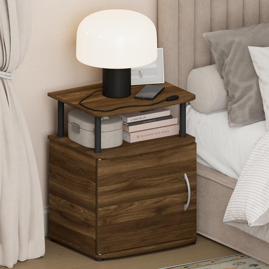 Furinno Jaya Night Stand with Door, Nightstand with Open Shelf and Door Cabinet, Round Corner Bedside Table, Side Table, End Table, for Bedroom, Closet, Dorm, Amber Pine