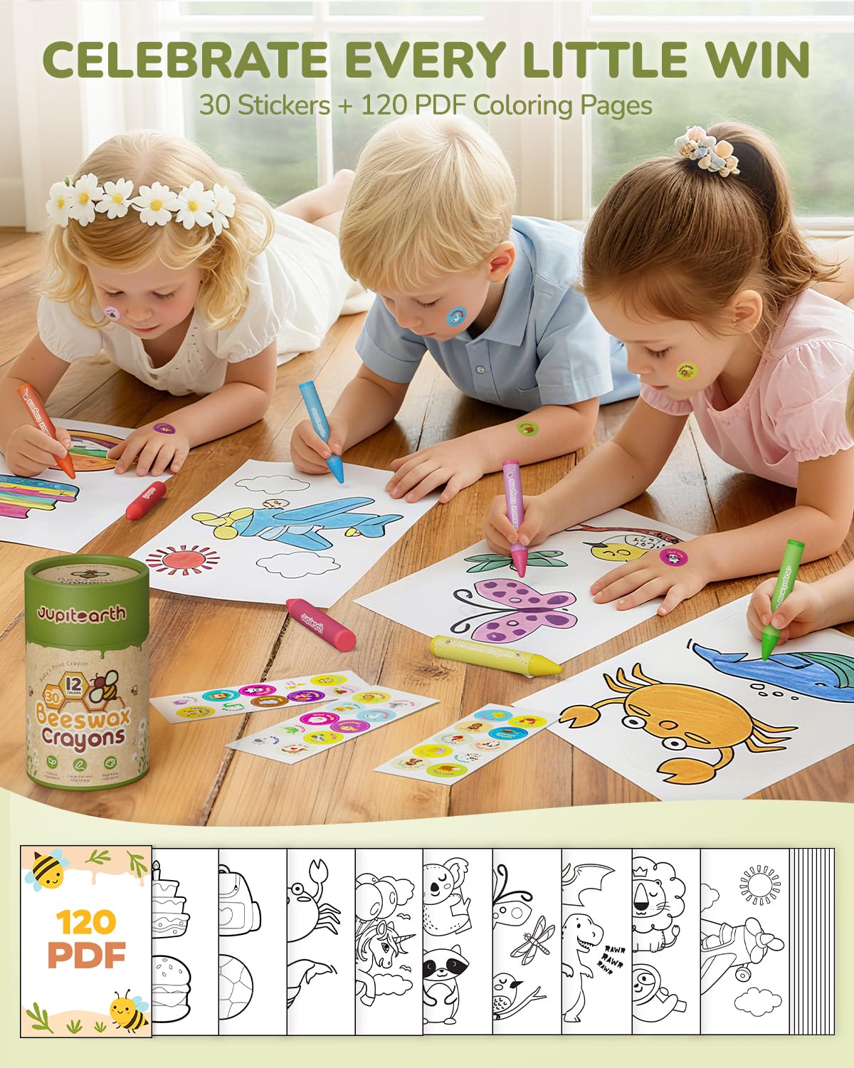 JUPITEARTH Beeswax Crayons for Toddlers 1–3, 12 Non-Toxic Silky Crayons, Jumbo and Washable Crayon, Easy to Hold, Safe for Kids, Mess-Free Coloring for Preschool Art Supplies, Ages 2–4, 4–8