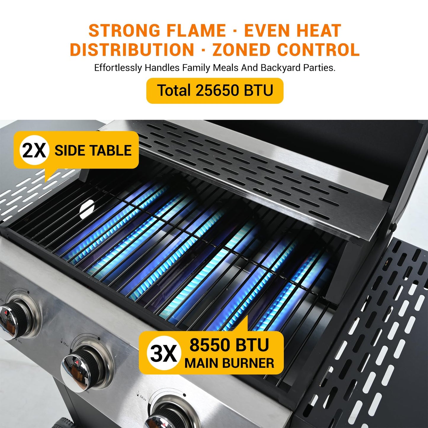 EUHOME Stainless Steel 3-Burner Gas Grill, 25650 BTU Outdoor BBQ Grill with Side Table, 338 sq.in Cooking Area, Perfect for Patio, Deck & Family Barbecues