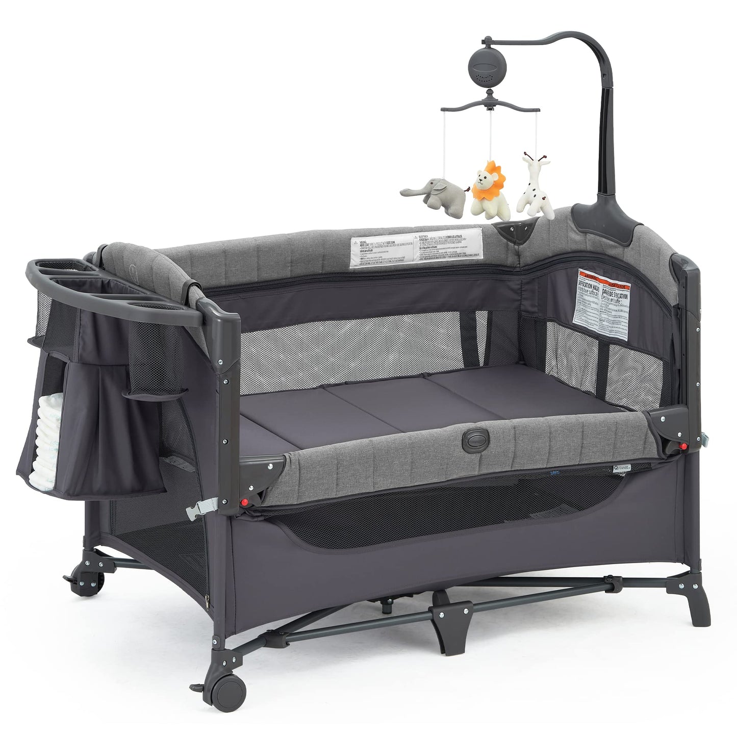 QUTANIX Baby Bedside Bassinet Sleeper,5-in-1 Pack and Play with Full-Size Bassinet,Baby Playard with Changing Table,Storage Shelf,Music Mobile with Soft Toys for Newborn to Toddlers (Grey)