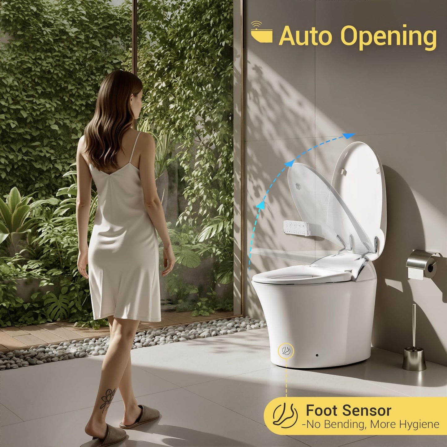 ELLAI Silver Strip Artistic Smart Toilet,Powerful Flush,Auto Open/Close,Comfort Height,Instant Warm Water&Dryer,Remote,Foot sensor,Auto flush,Heated seat,Deodorization,Low water pressure requirement