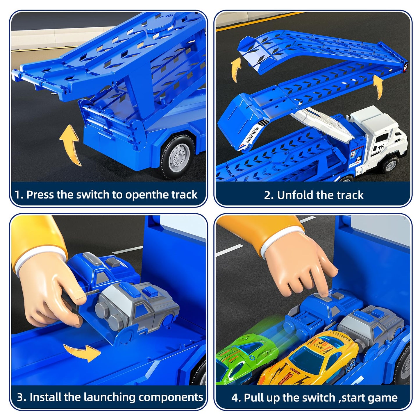 Transport Truck Toys for 3 4 5 6 7 Years Old Boys,Toys Cars Track Set Transporter Trucks with 12 Die-Cast Car Toys 2 Race catapults Dual-Track Model,Toddler Car Toy Set for Kids Boys Girls