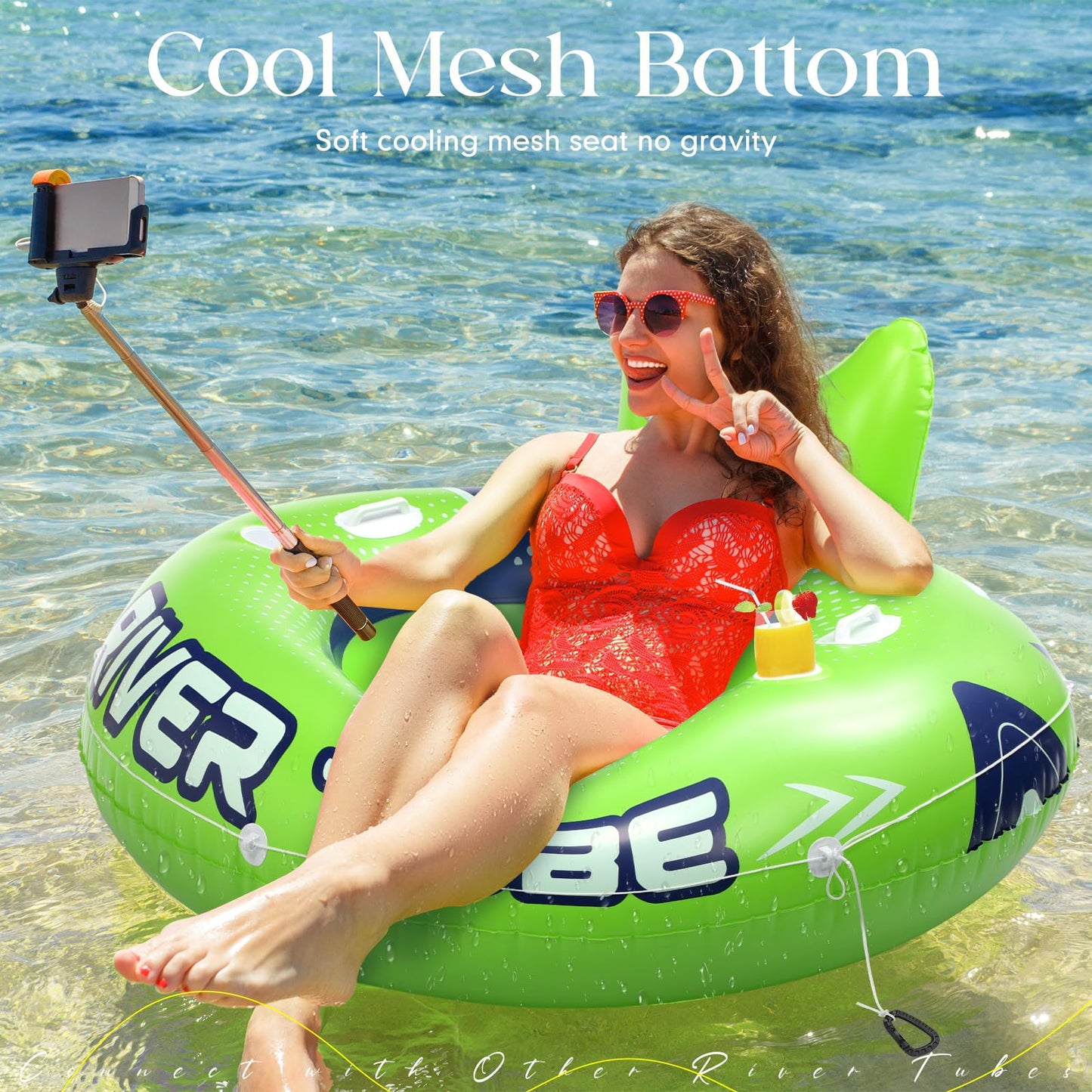 Glimin 6 Pcs Green Blue 53" Heavy Duty River Tube Float Inflatable Pool Floating Tube for Adult Large River Raft Water Chair Lounger with Mesh Bottom Backrest 2 Cup Holders and Handles, Holds 300lb