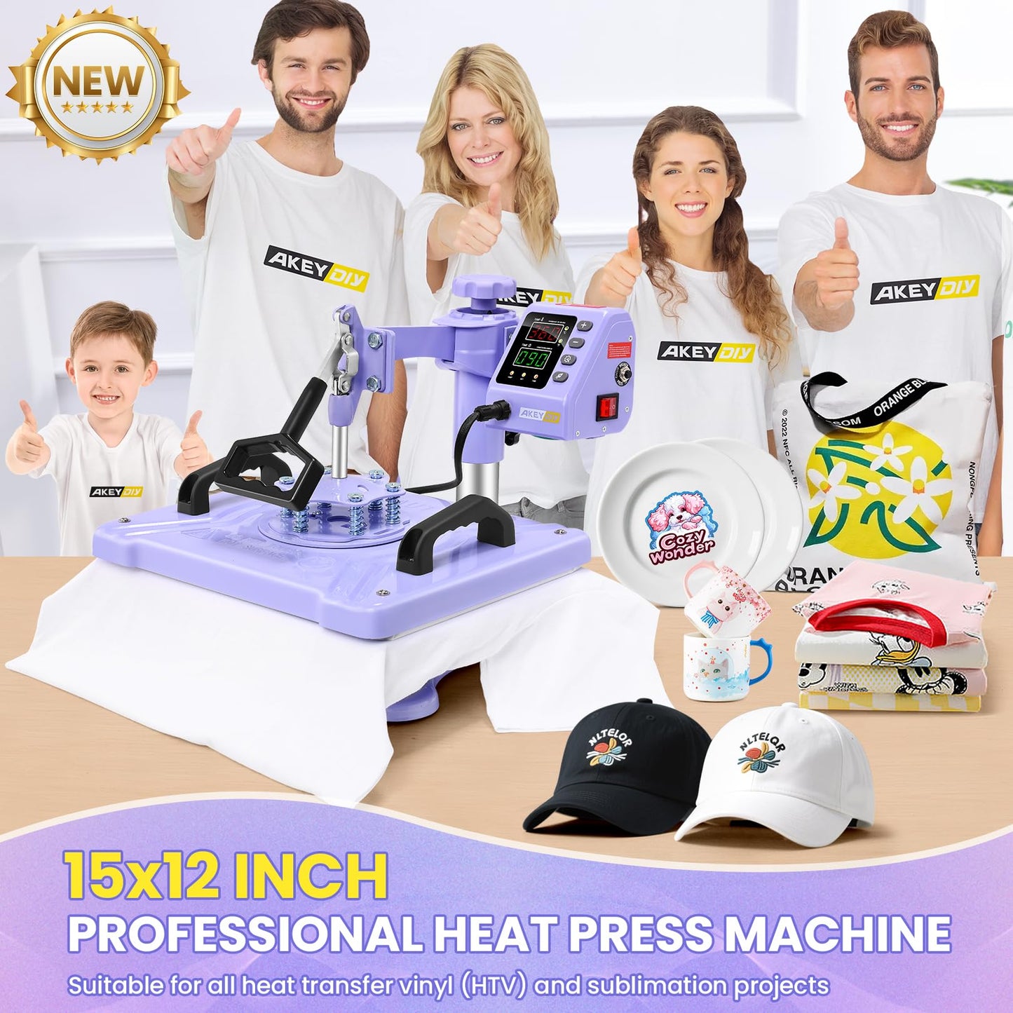 AKEYDIY Upgraded 5 in 1 Heat Press Machine for Tshirts 12X15 Inch, 360° Swing Away Shirt Press Machine for Sublimation, Multifunctional Heat Transfer Machine Combo for Shirts (Purple-5 in 1)