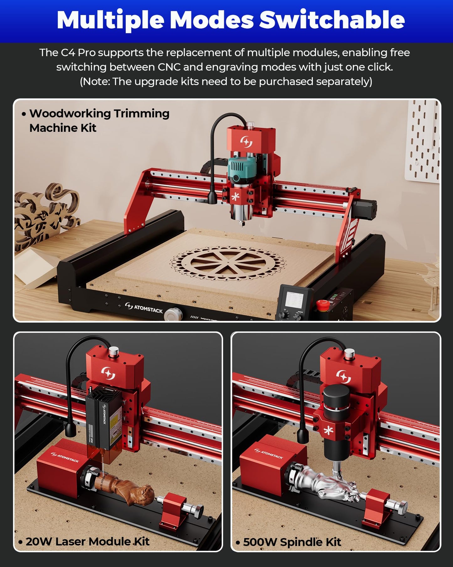 ATOMSTACK C4 Pro 4-Axis CNC Router Machine, 200W Spindle, Desktop Cutting and Milling Machine, Offline Control, 420×420mm Working Area, Relief Engraving for Wood, Plastic, Aluminum, Brass, PCB