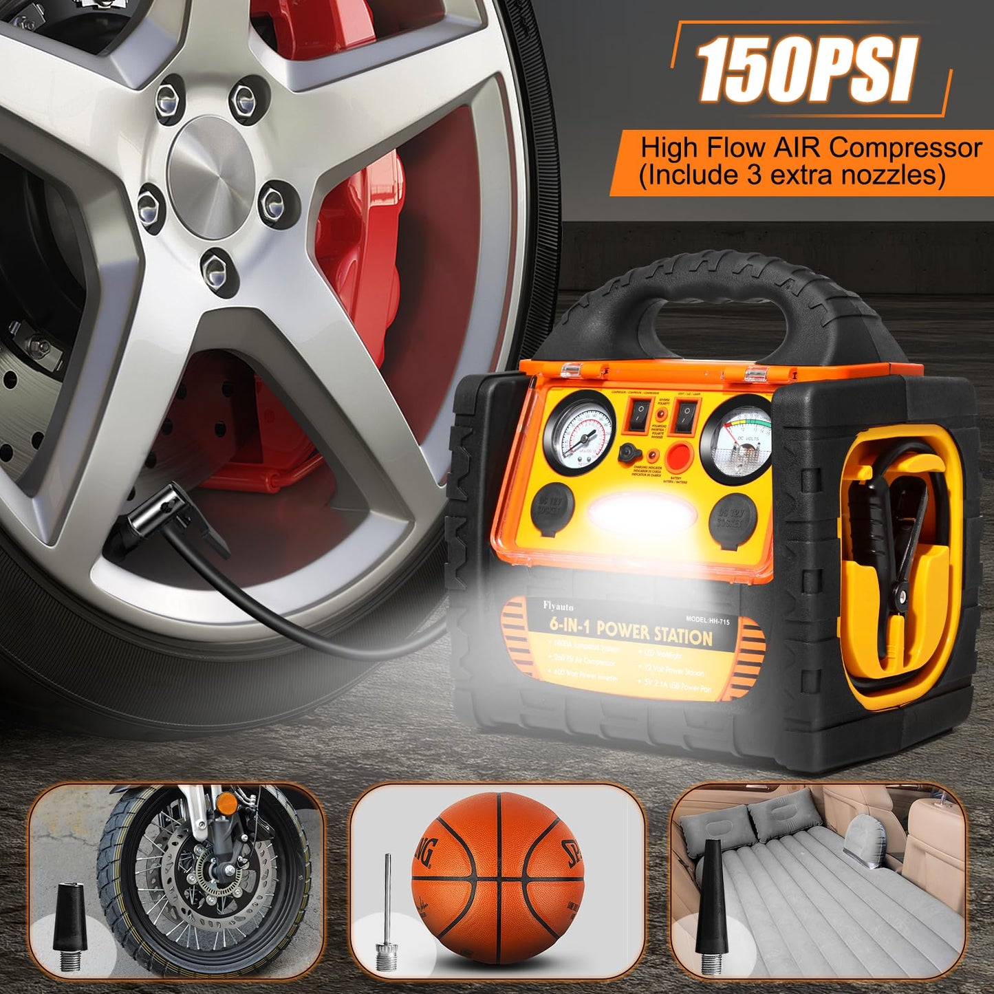 6 in 1 Jump Starter with Air Compressor 150 PSI Tire Inflator,Upgraded 1800A Peak 12V Portable Car Battery Jump Starter,400 Watt Inverter Power Station with AC/DC/USB Outlets (8.0L Gas/6L Diesel)