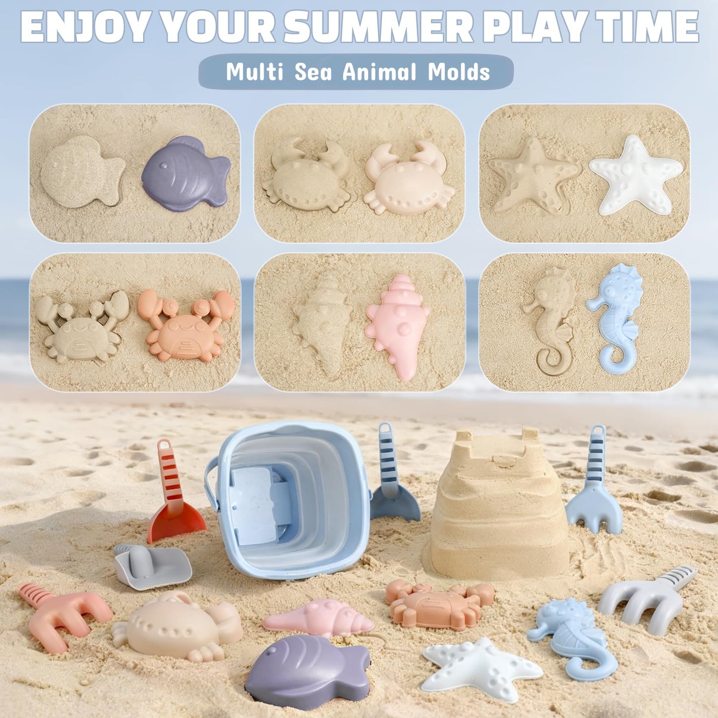 Dreamon 3 Pack Beach Toys Set for Kids 3-10, Collapsible Sand Buckets with Beach Molds and Mesh Bag, Sandbox Travel Toys Beach Vacation Essentials, Camping Gear, Fishing (Blue/Grey/Orange)
