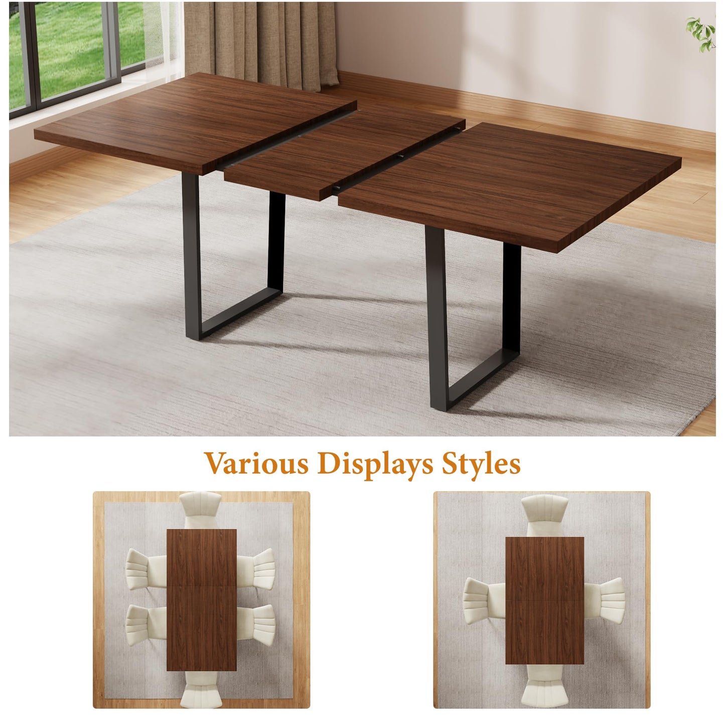 ZckyCine 51"-67" Expandable Dining Table, Modern Rectangular Walnut Wood Table with Metal Frame, Space-Saving Adjustable Table for Kitchen, Dining Room, Apartment or Restaurant