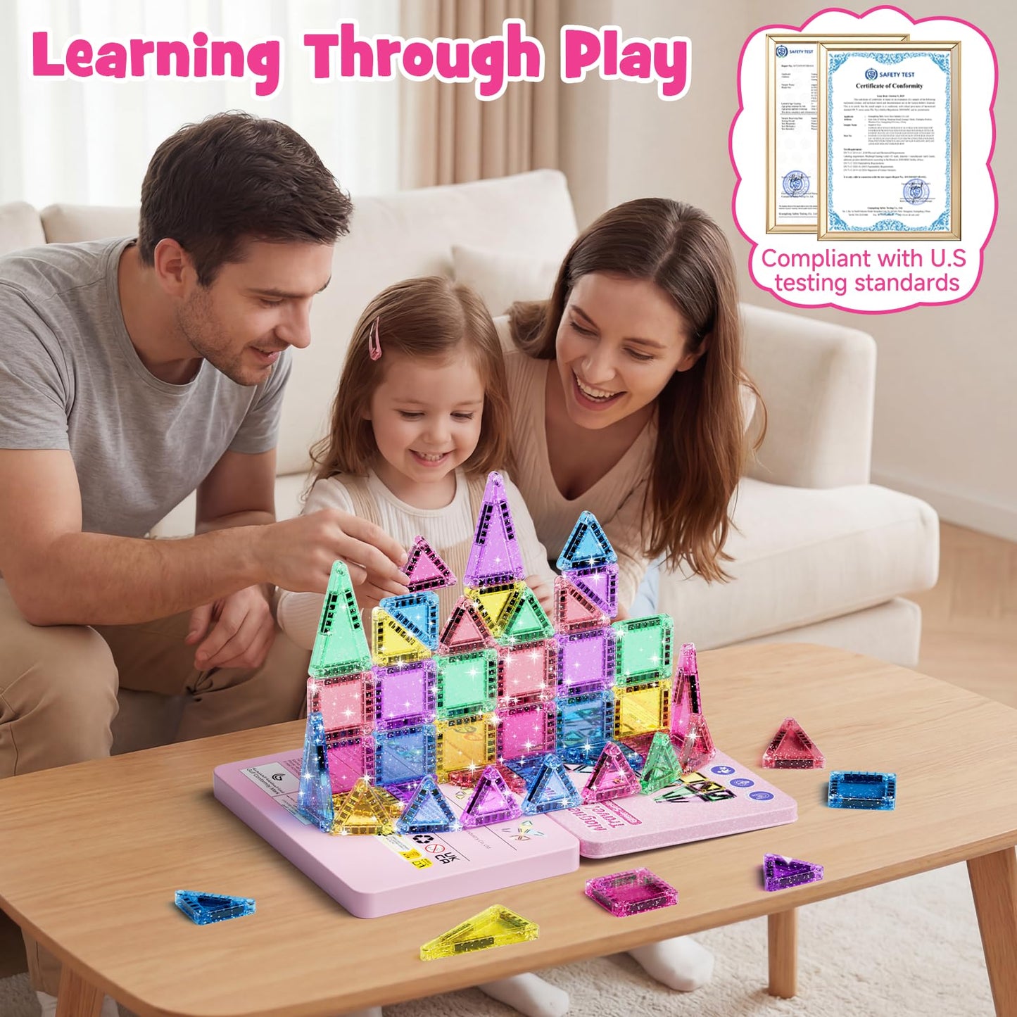 WMXDU 42-Piece Glitter Magnetic Tiles Travel Set with Pink Metal Box - Portable STEM Building Blocks for Kids Ages 3-8 Boys & Girls STEM Montessori Educational Toys for Airplane Car Rides