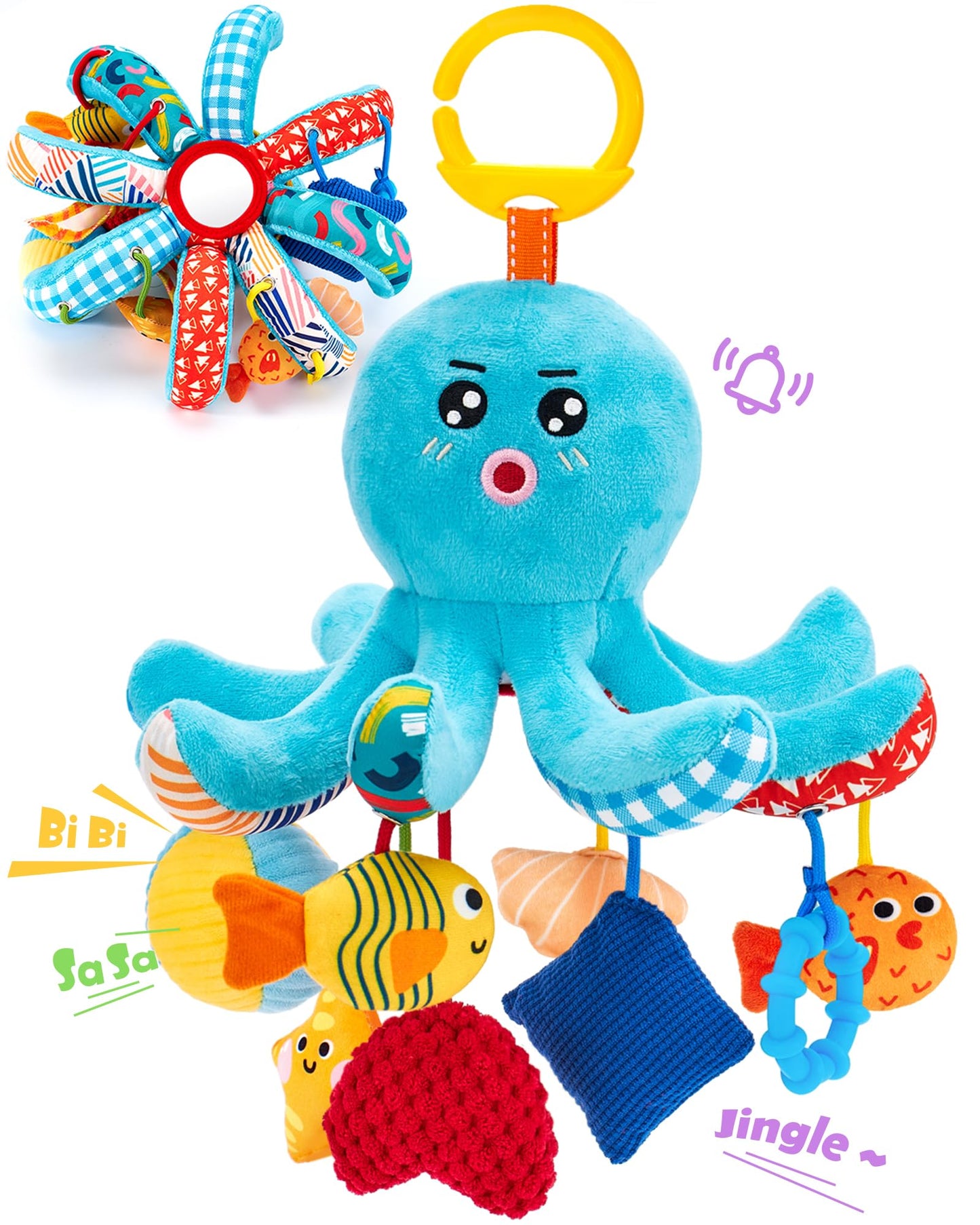 hahaland Baby Toys 0-6 Months - Car Seat Toys Octopus Toy with Pulling Cords, Squeaky, Crinkle, Rattle, Mirror, Montessori Newborn Sensory 4 Month Babies Gift Stroller Carseat Hanging Toy for Baby Gym