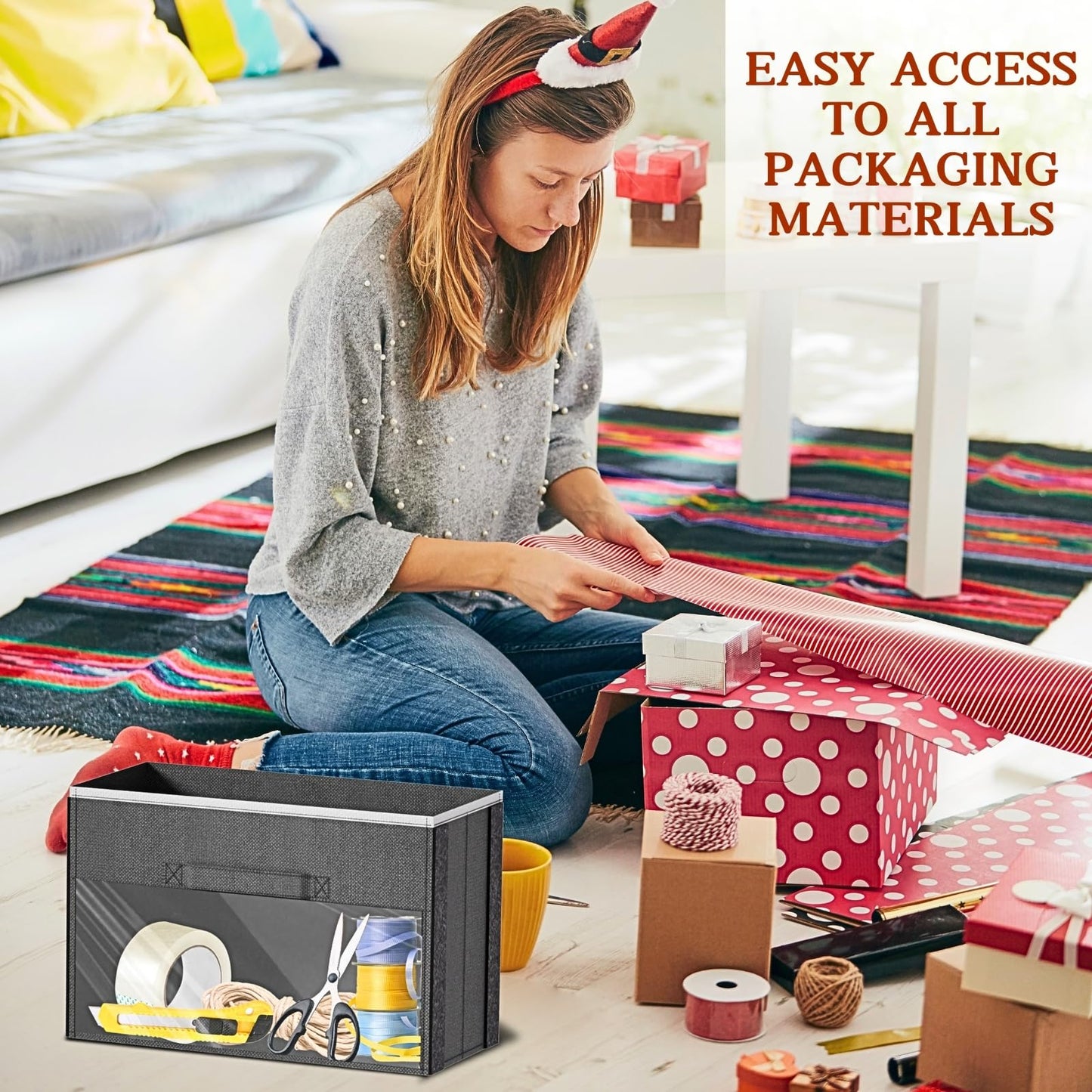 Over Door Wrapping Paper Organizer Storage with 3 Removable Drawers & Side Pockets – Dual Use Design with Elastic Straps – Christmas Gift Wrap Storage for Ribbons, Bows, Ornament and Other Tools