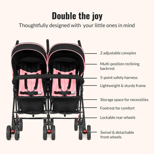 Dream On Me Volgo Twin Baby Stroller, Lightweight Side-by-Side Double Umbrella Stroller with Adjustable Canopy, 5-Point Harness, Storage Basket & Travel-Friendly Fold – Pink