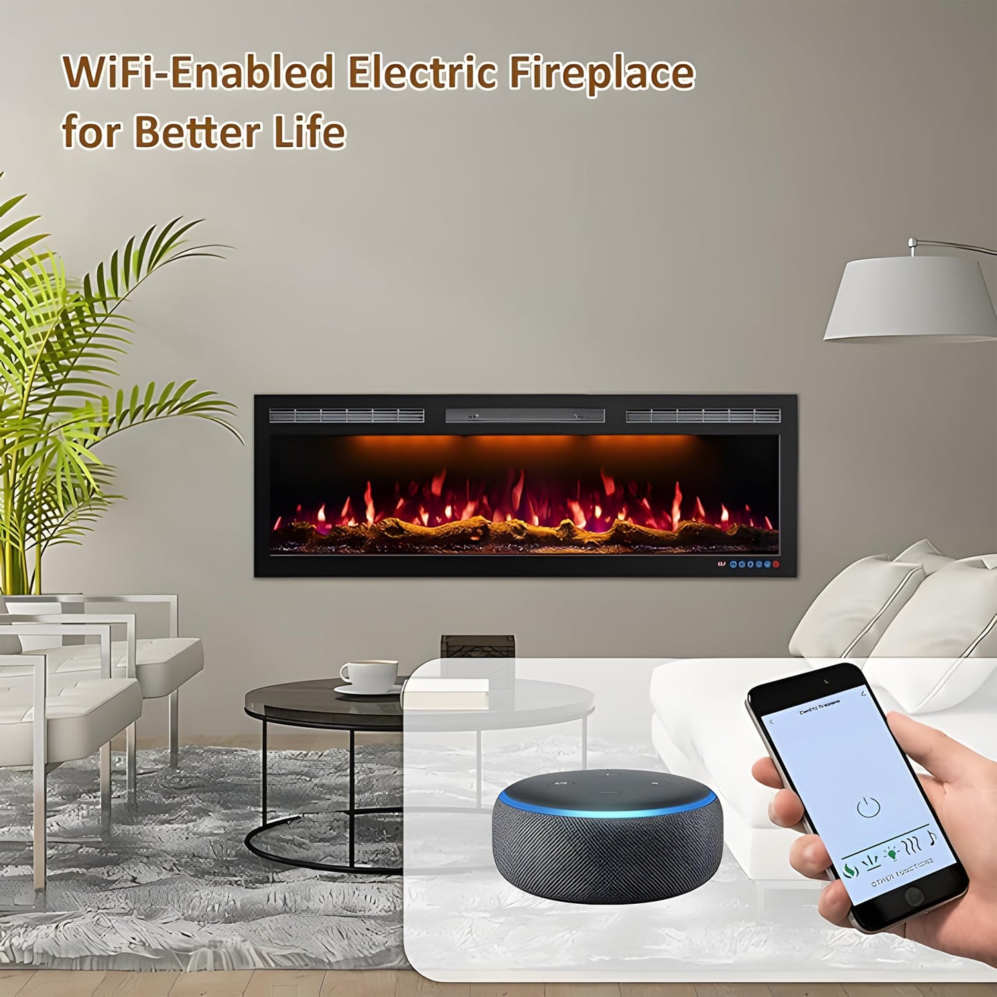 Mystflame 60 Inch WiFi Electric Fireplace Heater, Recessed or Wall Mounted, Ultra‑Slim 5.51" Deep, 750/1500W, 12 Flame Colors & 12 Ember Bed Colors,Remote & App Control, Works with Alexa & Google Home