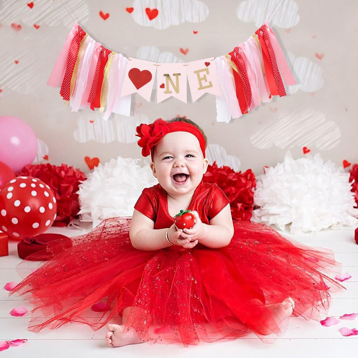Valentines Day Half Birthday High Chair Banner - 6 Months Baby Party Decorations,1/2 Way To One Red Pink Ribbon Banner,Valentine's Day Highchair Garland,Little Sweetheart 1/2 Birthday Photo Props (Valentines Day 1st Birthday)