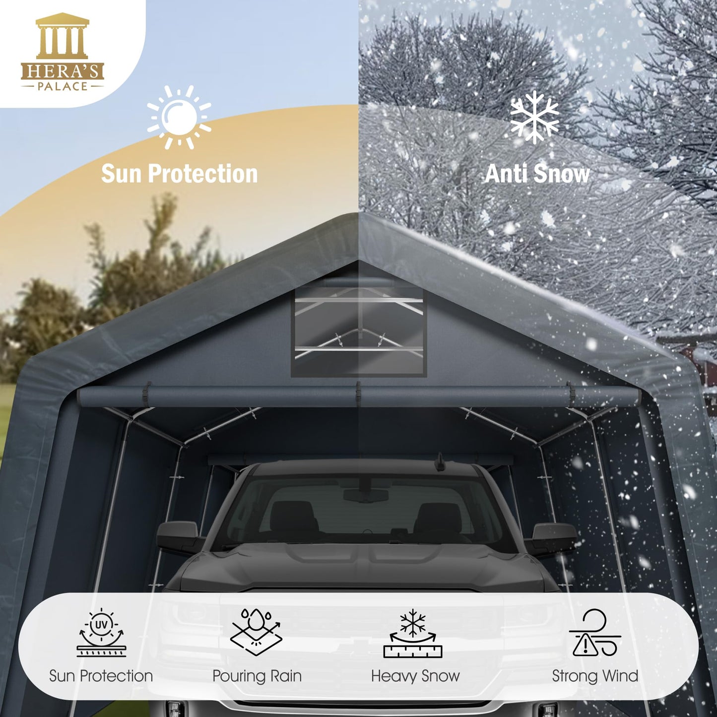 HERA'S PALACE 13x22ft Carport Heavy Duty Storage Shed Outdoor Anti-Snow Portable Canopy Shelter with Doors Garage Tent for Utv Boat Truck Motorcycle