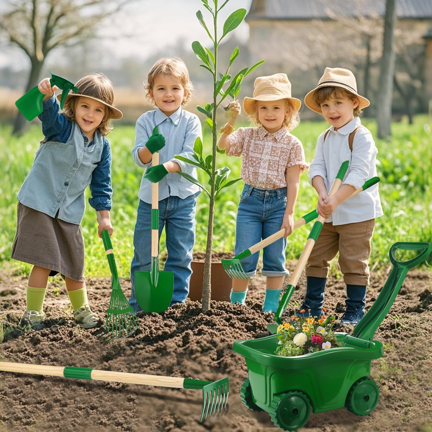 Duckura Kids Gardening Tools Set - 7pcs Wheelbarrow Set for Kids with Shovel, Rake, Leaf Rake, Summer Outdoor Yard Digging Weed Birthday Gifts Toys, Easter for Boys Girls Age 2 3+ Years(Green)